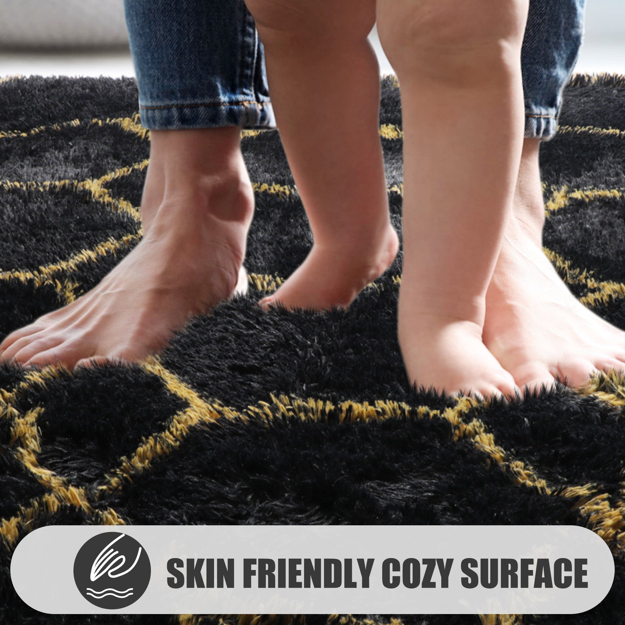 Geometric Fluffy Area Rug for Living Room Bedroom, Black and Gold Rug