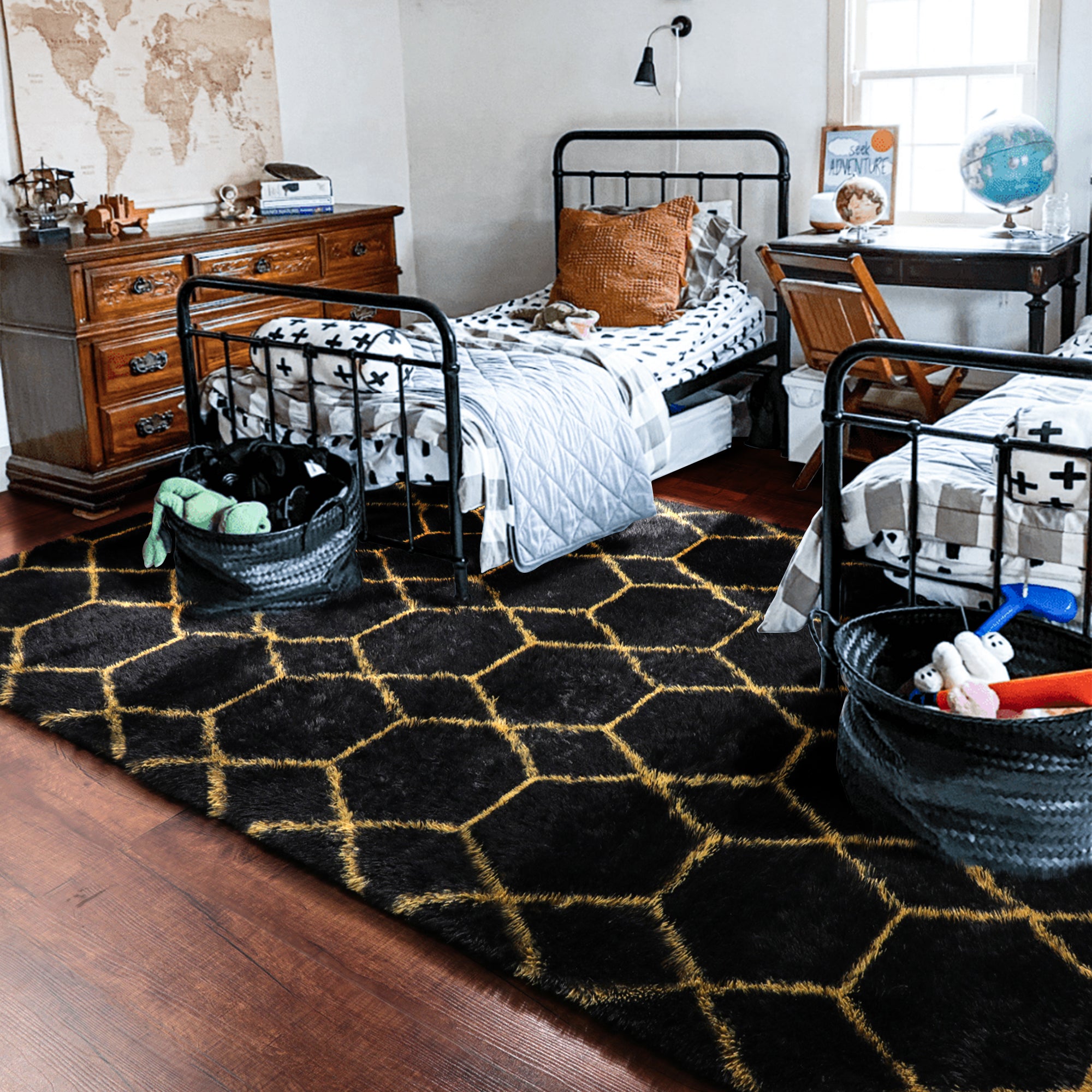 Geometric Fluffy Area Rug for Living Room Bedroom, Black and Gold Rug