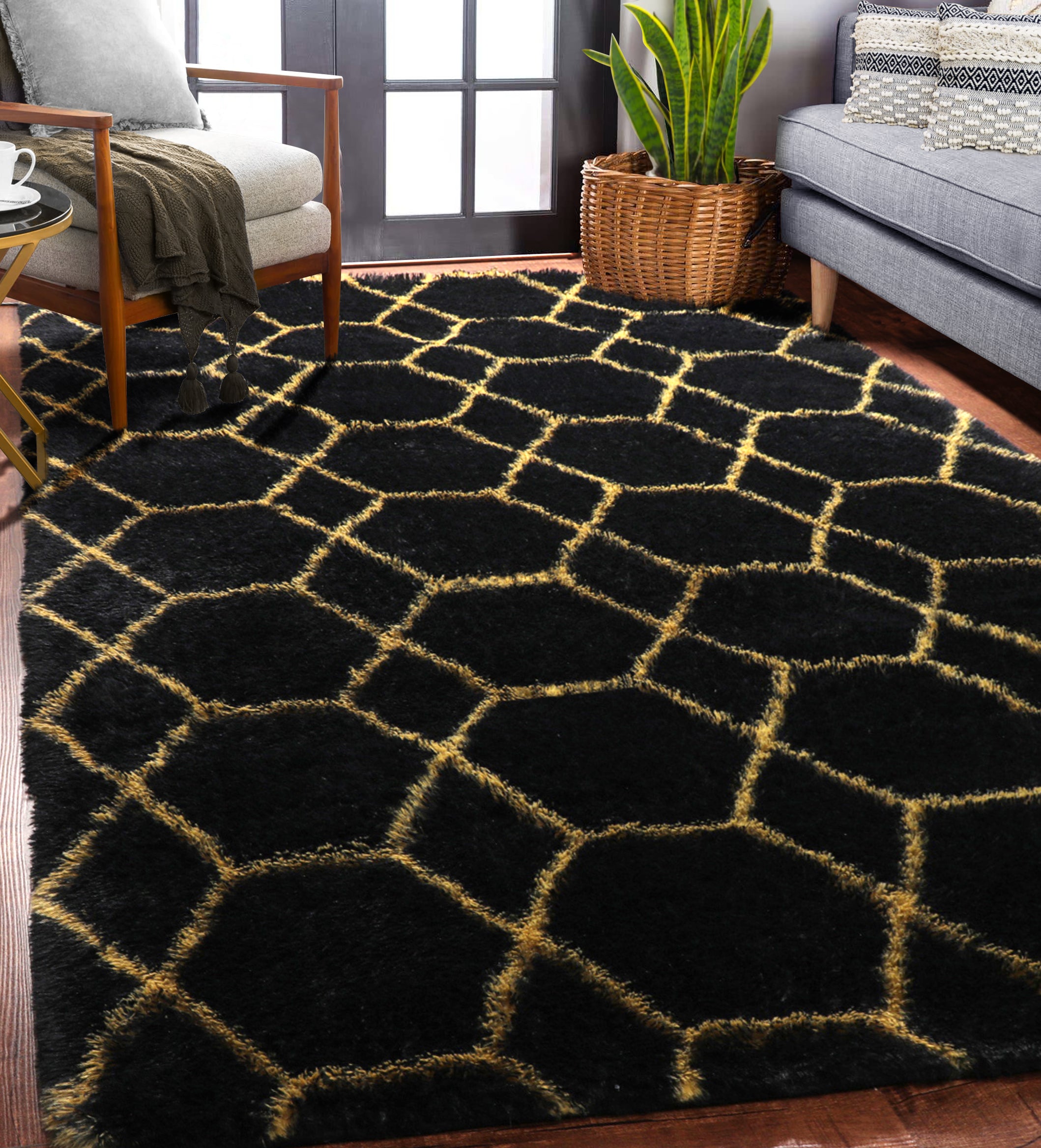 Geometric Fluffy Area Rug for Living Room Bedroom, Black and Gold Rug
