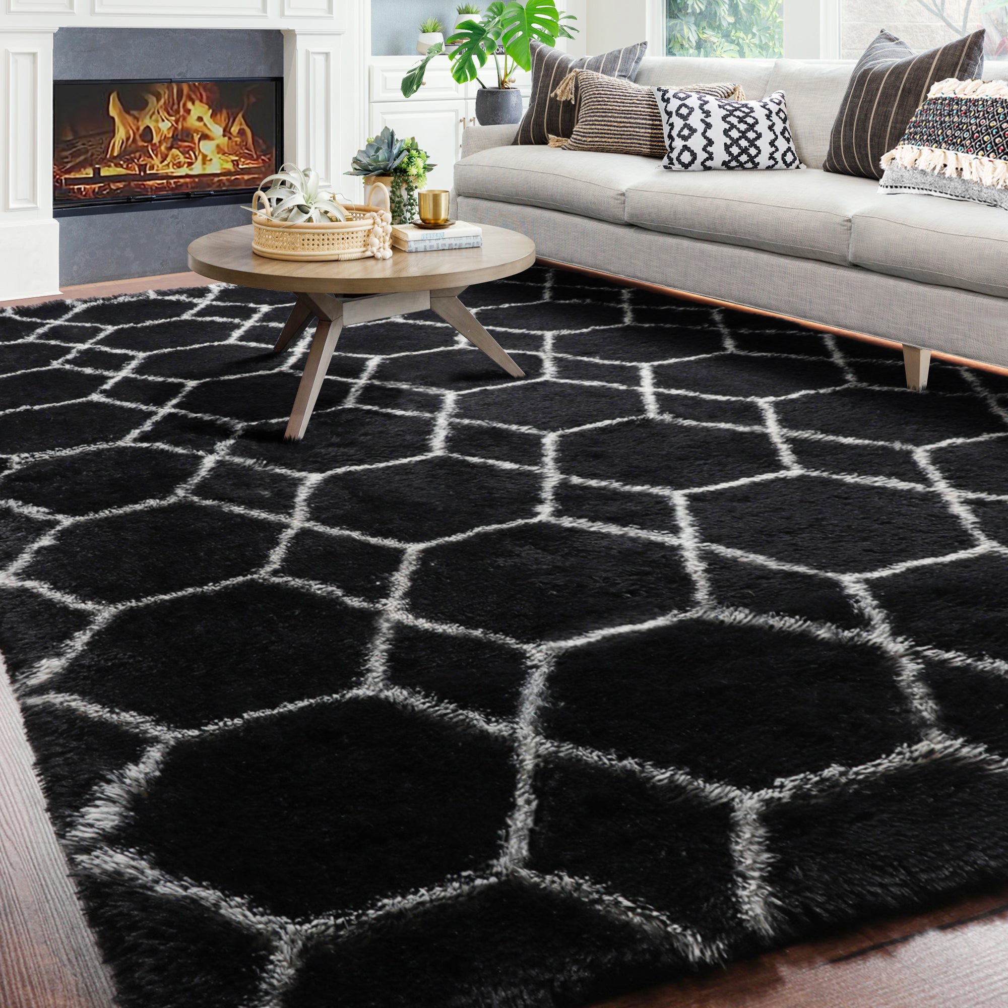 Modern Fluffy Area Rug for Bedroom Living Room, Black and White Rug