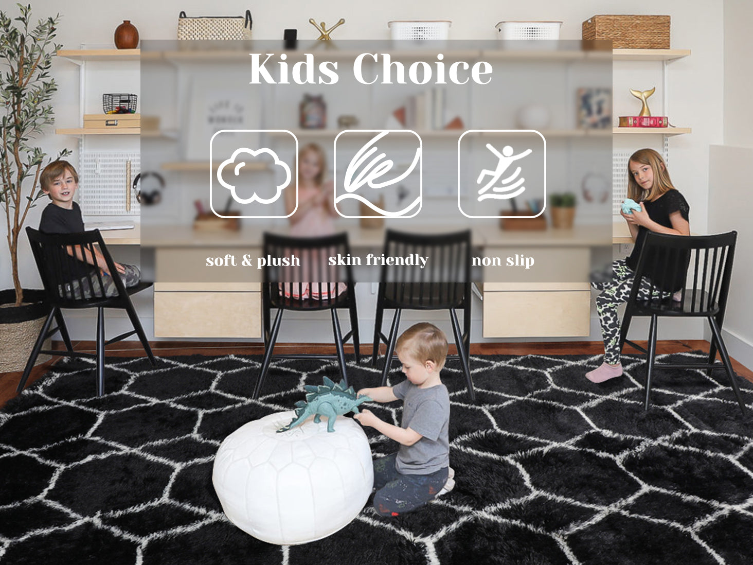 Modern Fluffy Area Rug for Bedroom Living Room, Black and White Rug