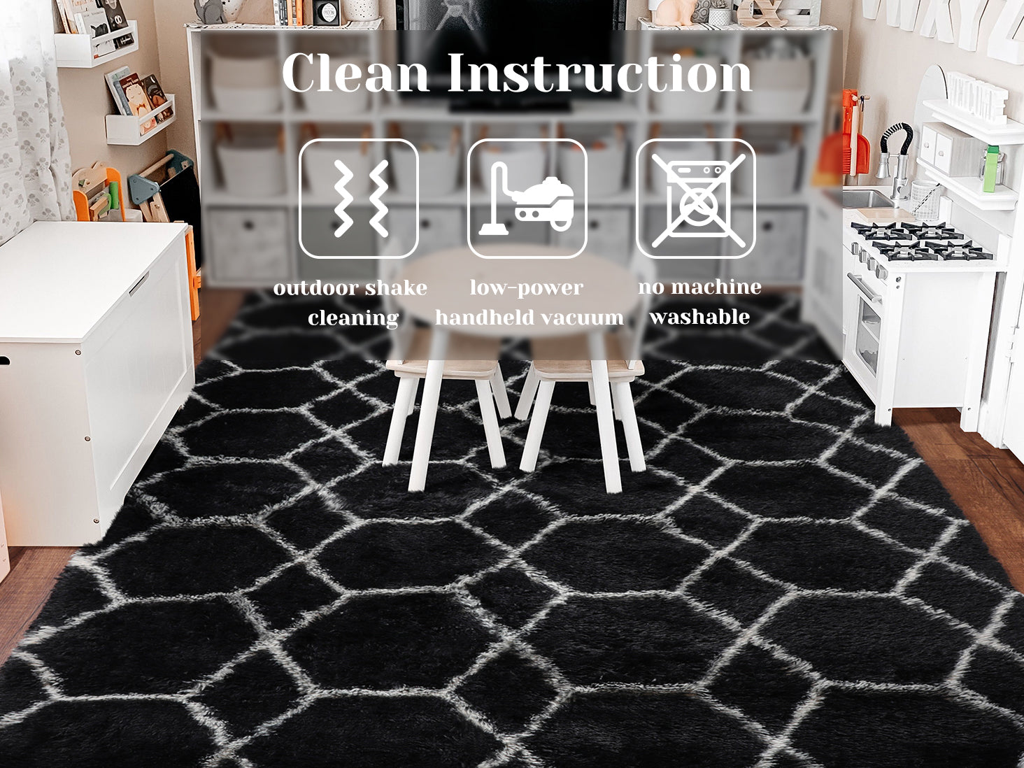 Modern Fluffy Area Rug for Bedroom Living Room, Black and White Rug