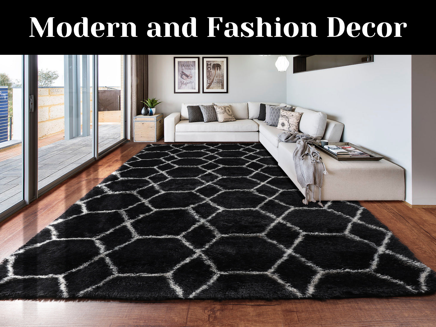 Modern Fluffy Area Rug for Bedroom Living Room, Black and White Rug