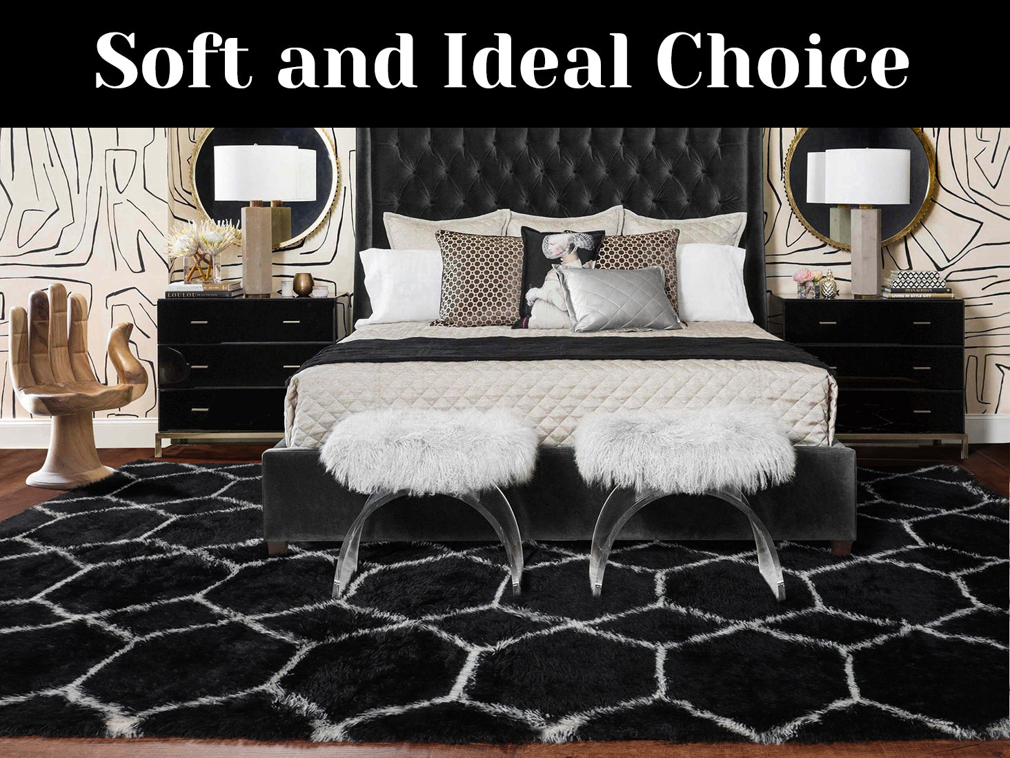 Modern Fluffy Area Rug for Bedroom Living Room, Black and White Rug