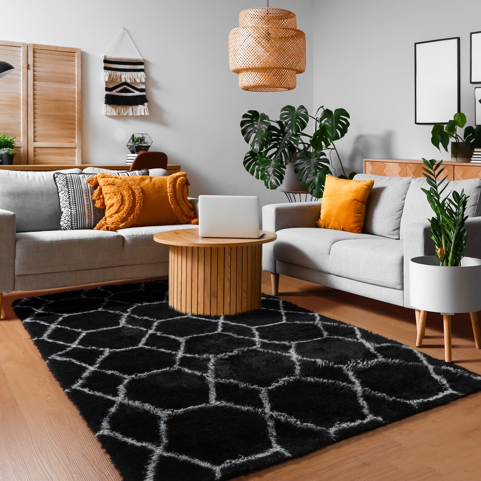 Modern Fluffy Area Rug for Bedroom Living Room, Black and White Rug