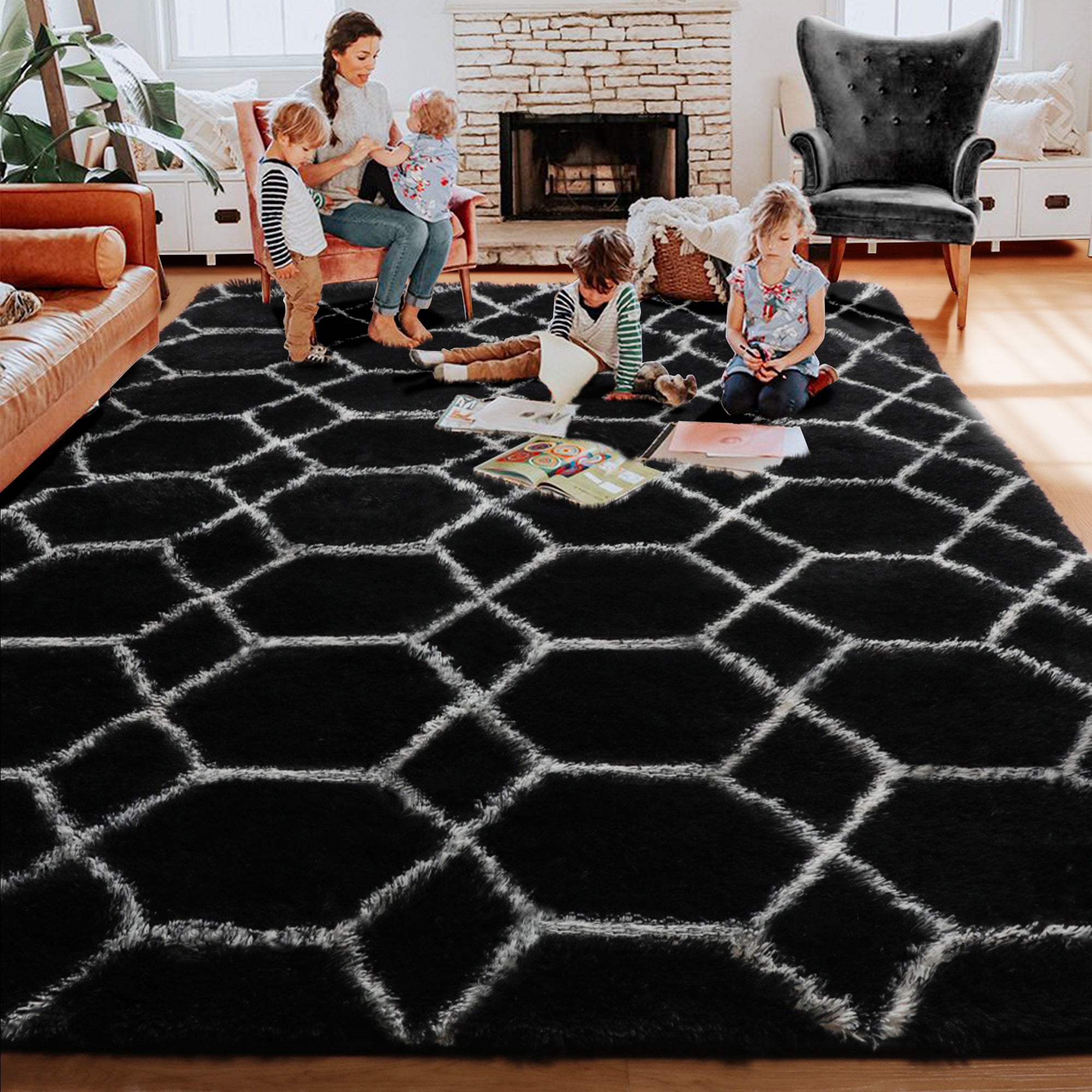 Modern Fluffy Area Rug for Bedroom Living Room, Black and White Rug