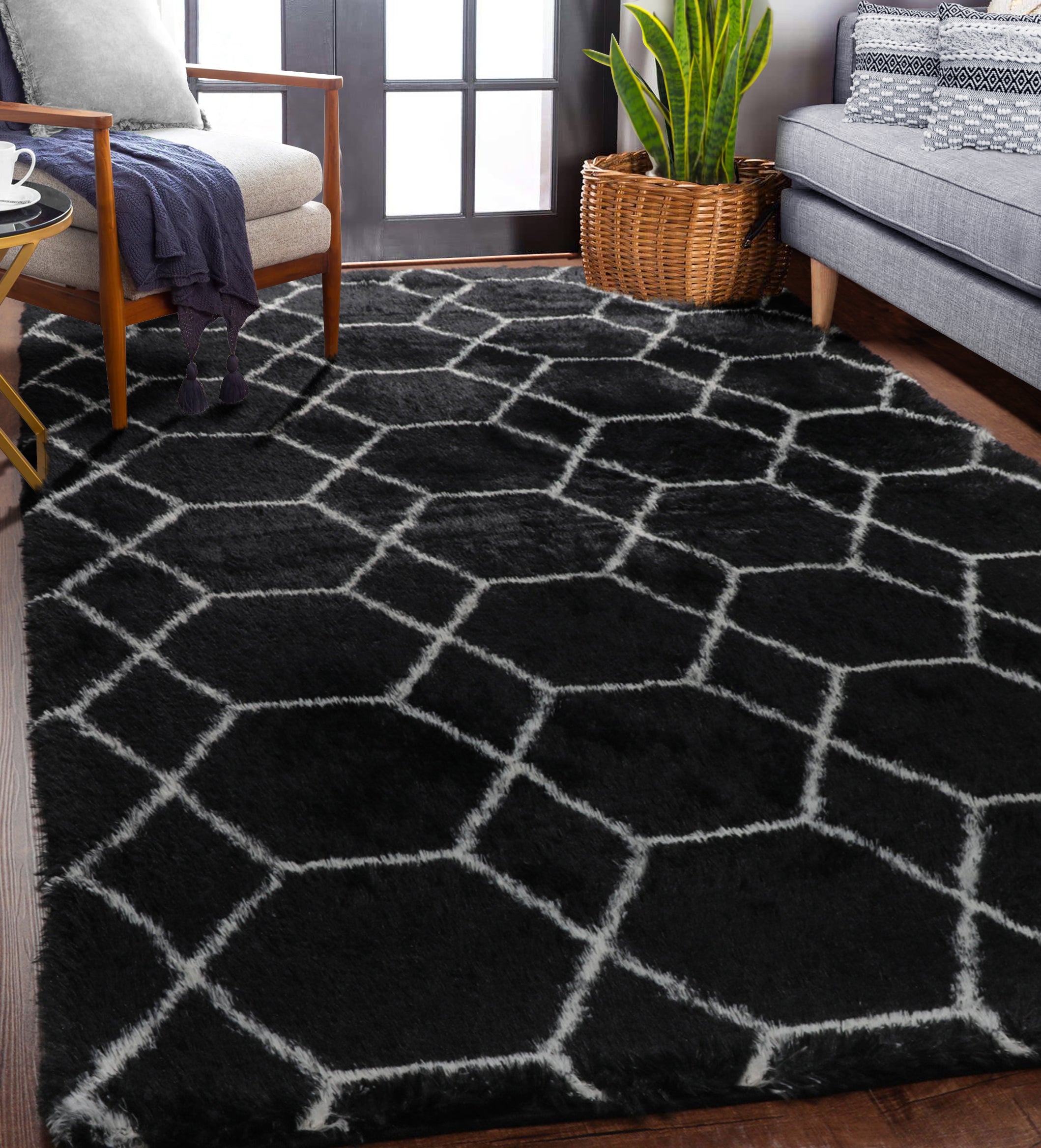 Modern Fluffy Area Rug for Bedroom Living Room, Black and White Rug