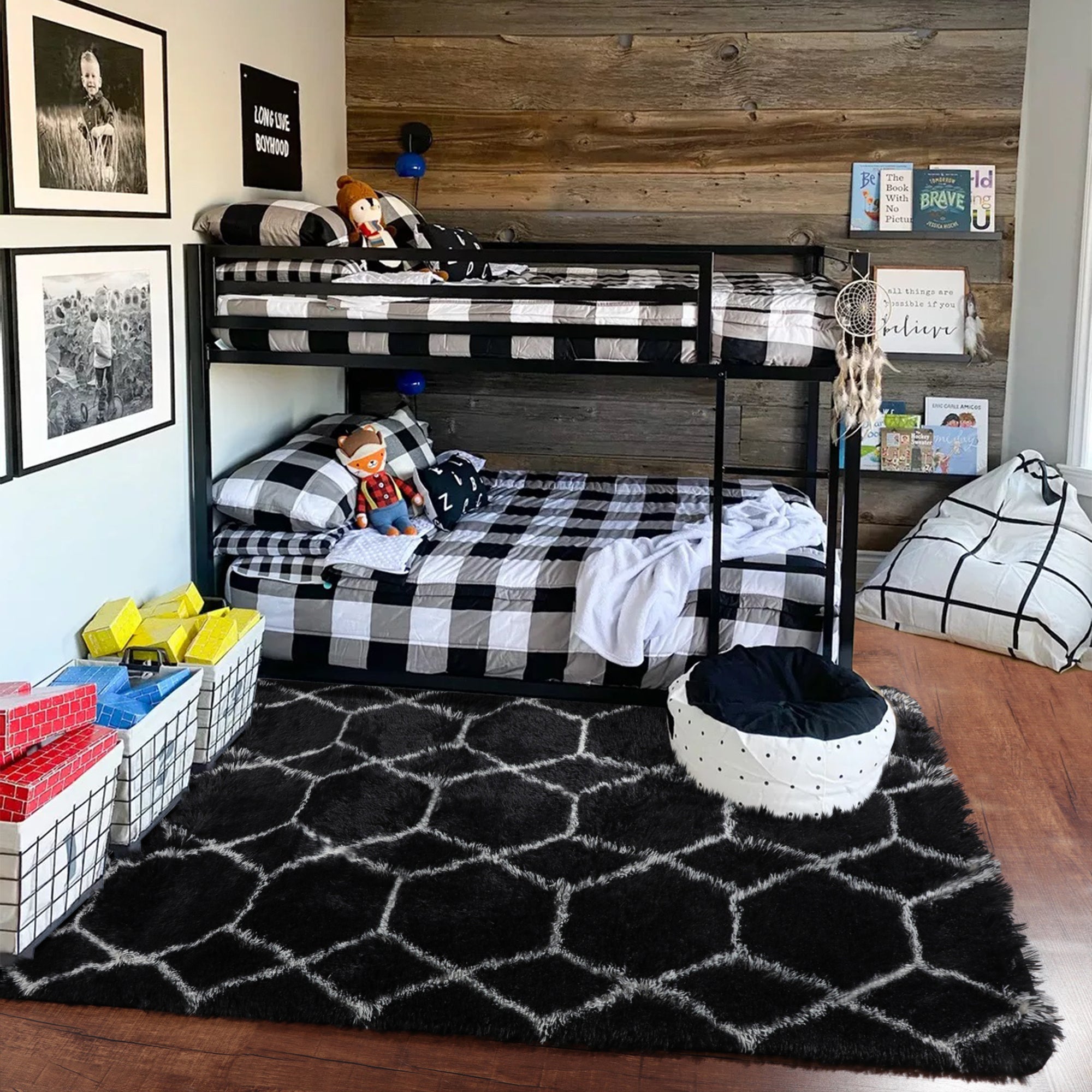 Modern Fluffy Area Rug for Bedroom Living Room, Black and White Rug