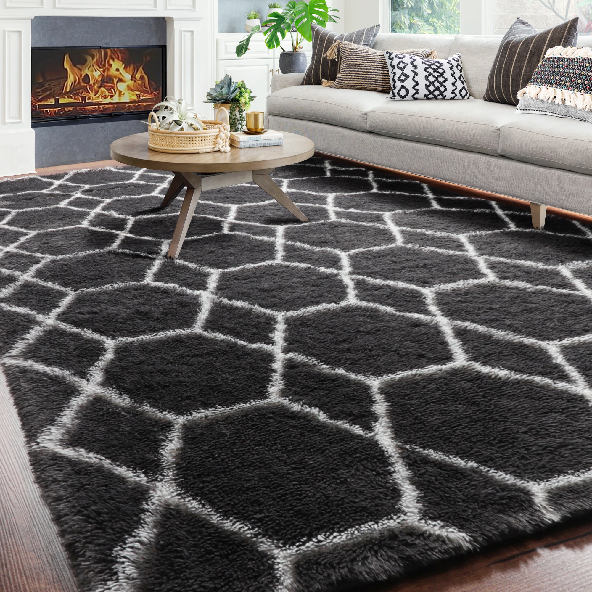 Large Modern Shag Rug for Living Room, Geometric Floor Rug, Dark Grey and White Rug