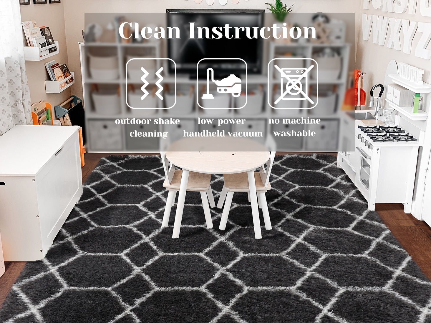 Large Modern Shag Rug for Living Room, Geometric Floor Rug, Dark Grey and White Rug