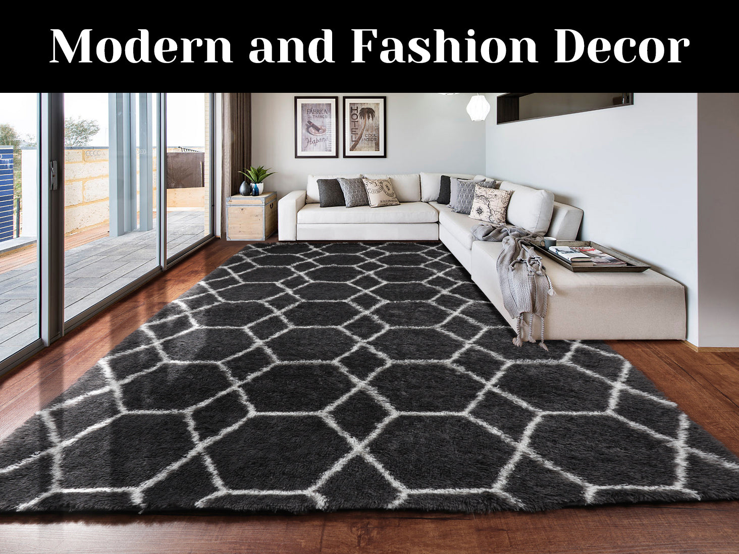 Large Modern Shag Rug for Living Room, Geometric Floor Rug, Dark Grey and White Rug