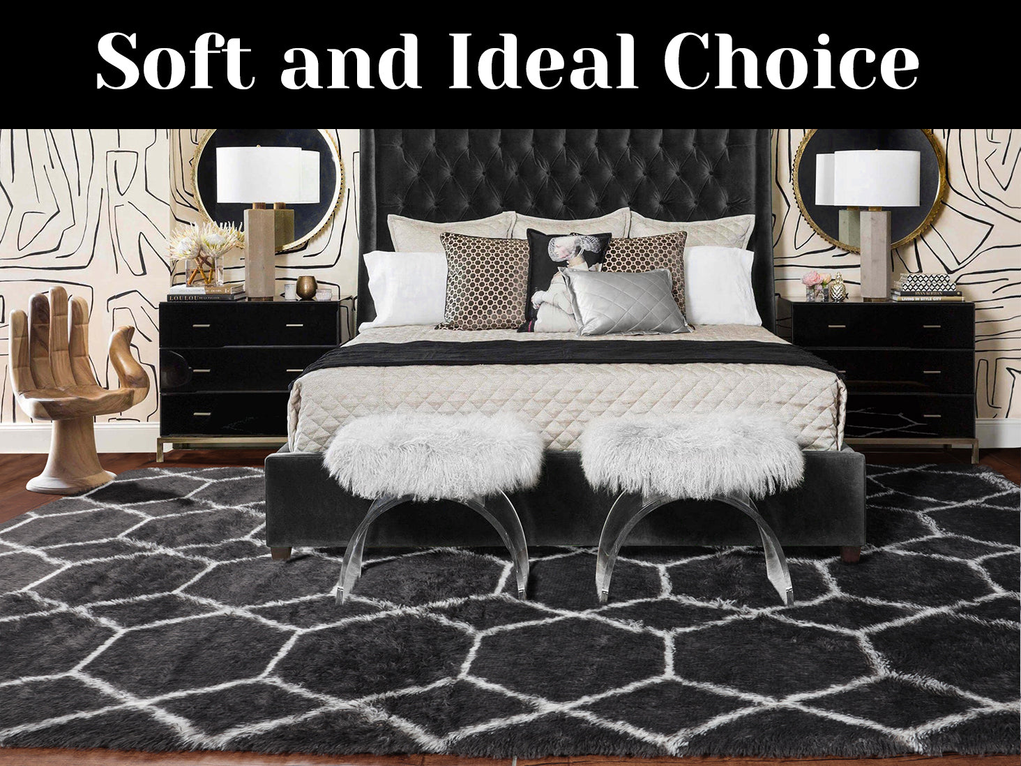 Large Modern Shag Rug for Living Room, Geometric Floor Rug, Dark Grey and White Rug