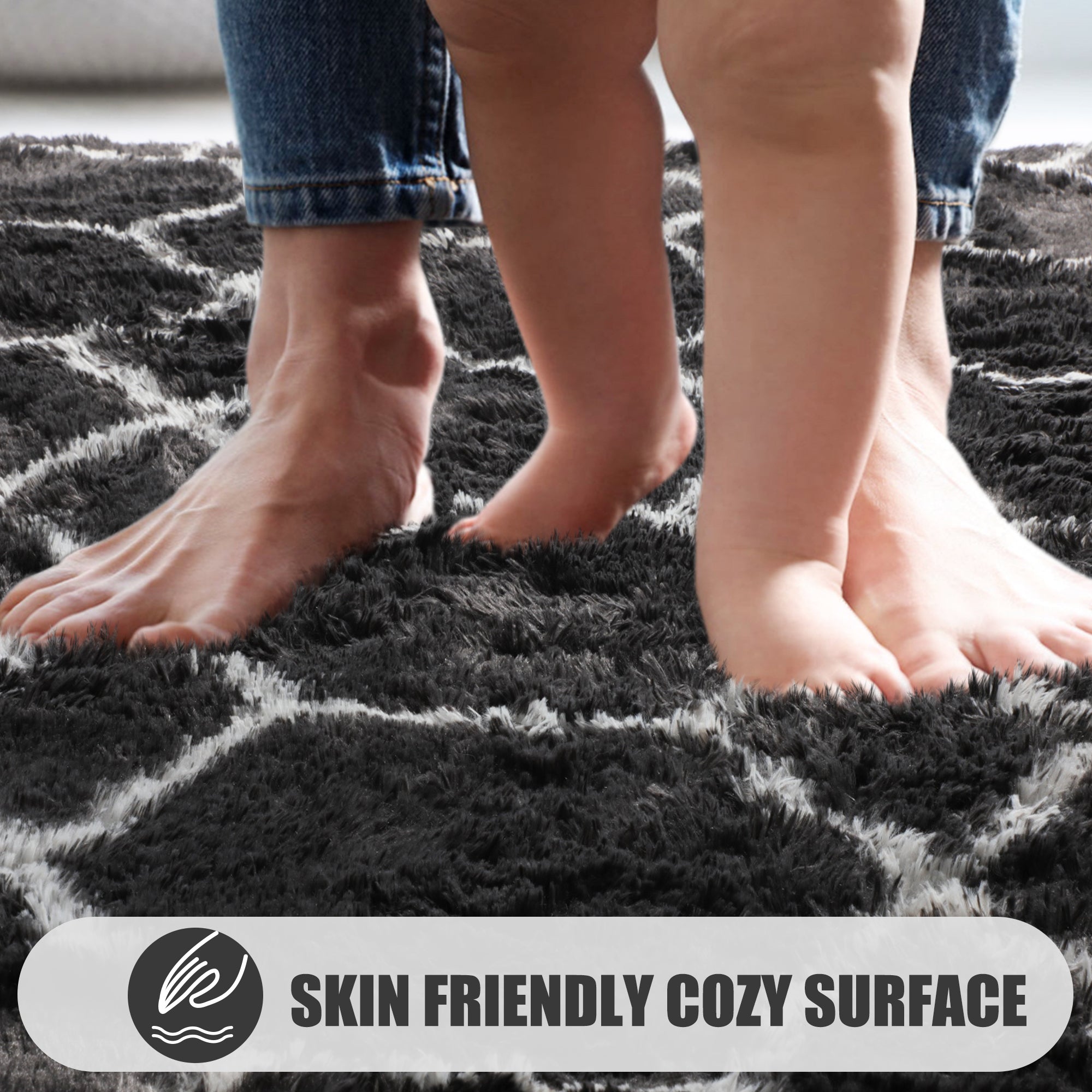Large Modern Shag Rug for Living Room, Geometric Floor Rug, Dark Grey and White Rug