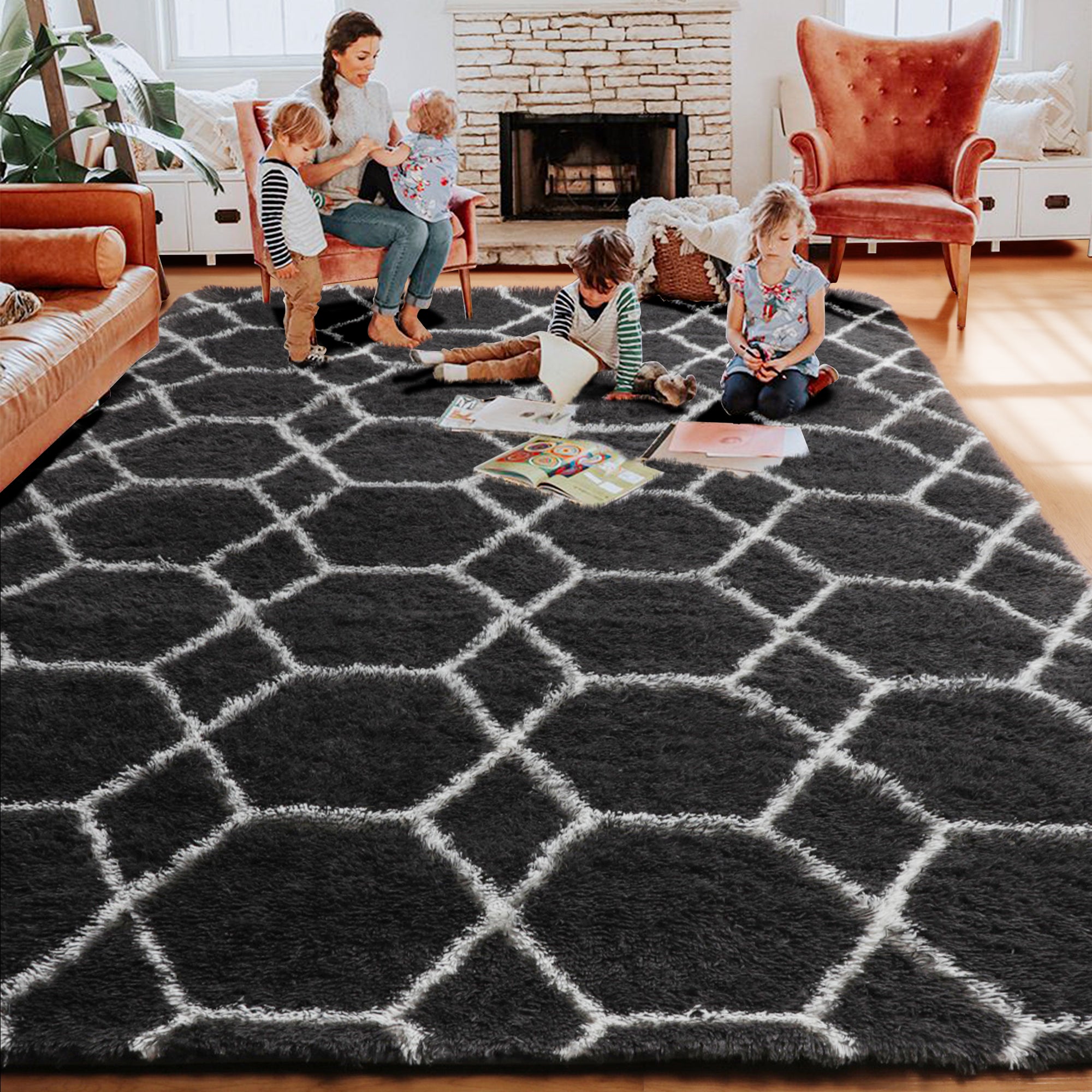 Large Modern Shag Rug for Living Room, Geometric Floor Rug, Dark Grey and White Rug