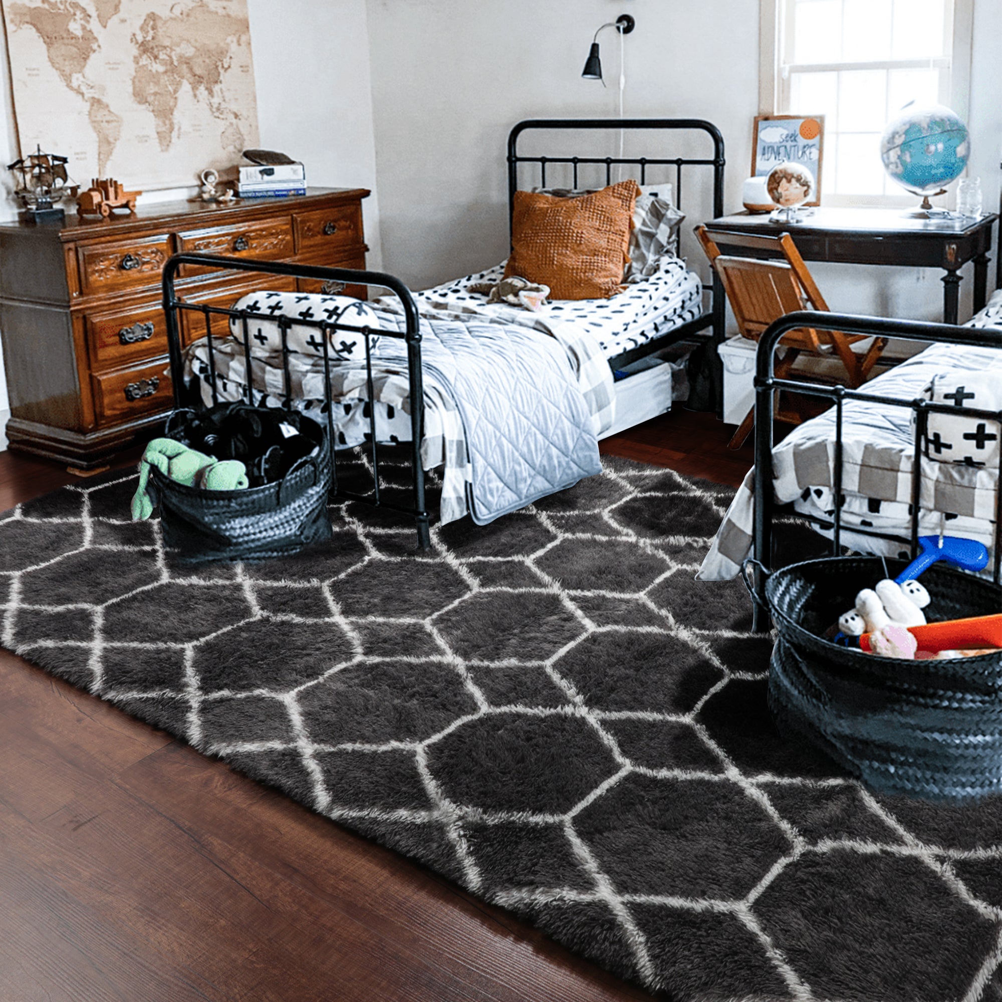 Large Modern Shag Rug for Living Room, Geometric Floor Rug, Dark Grey and White Rug