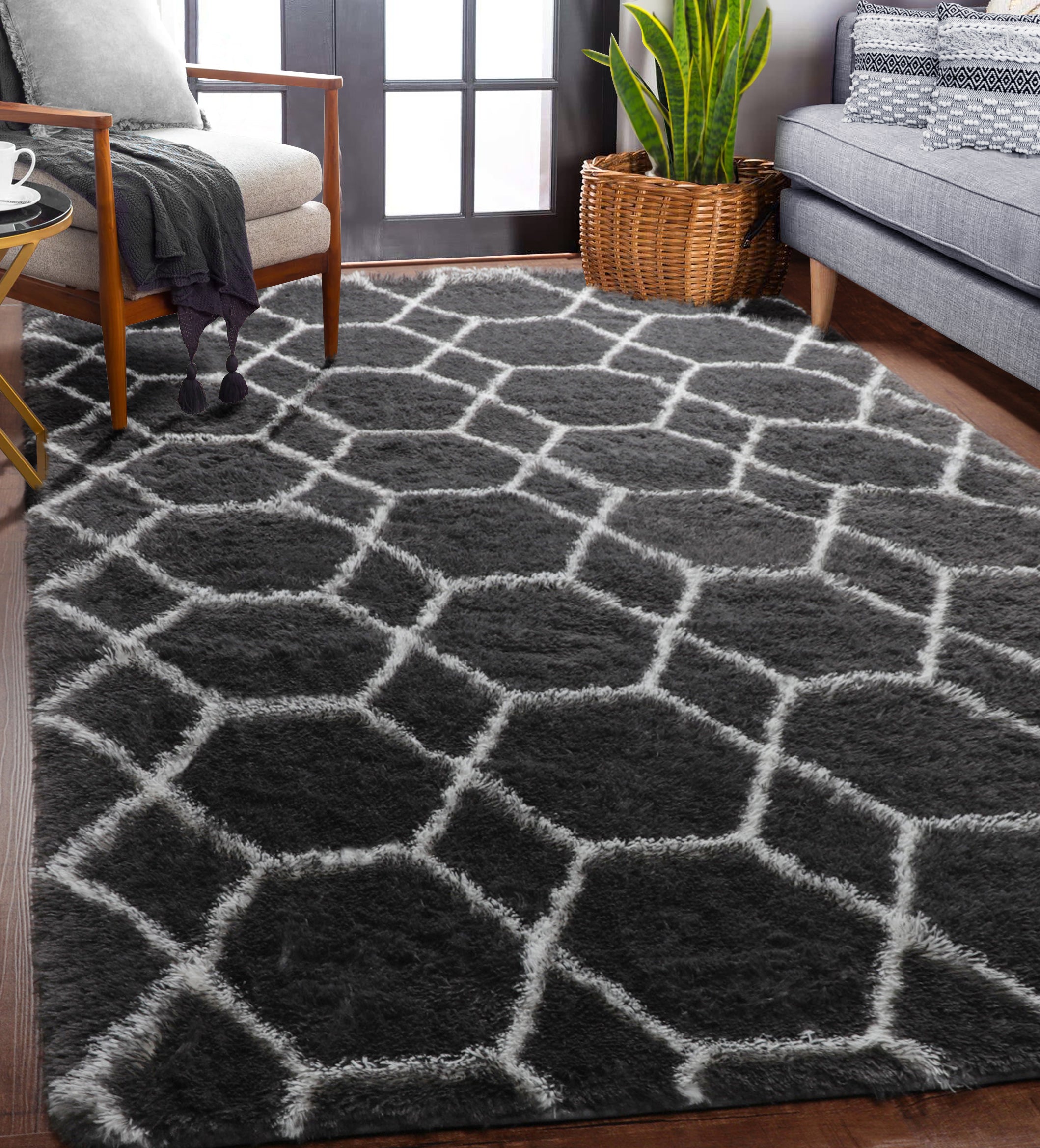 Large Modern Shag Rug for Living Room, Geometric Floor Rug, Dark Grey and White Rug