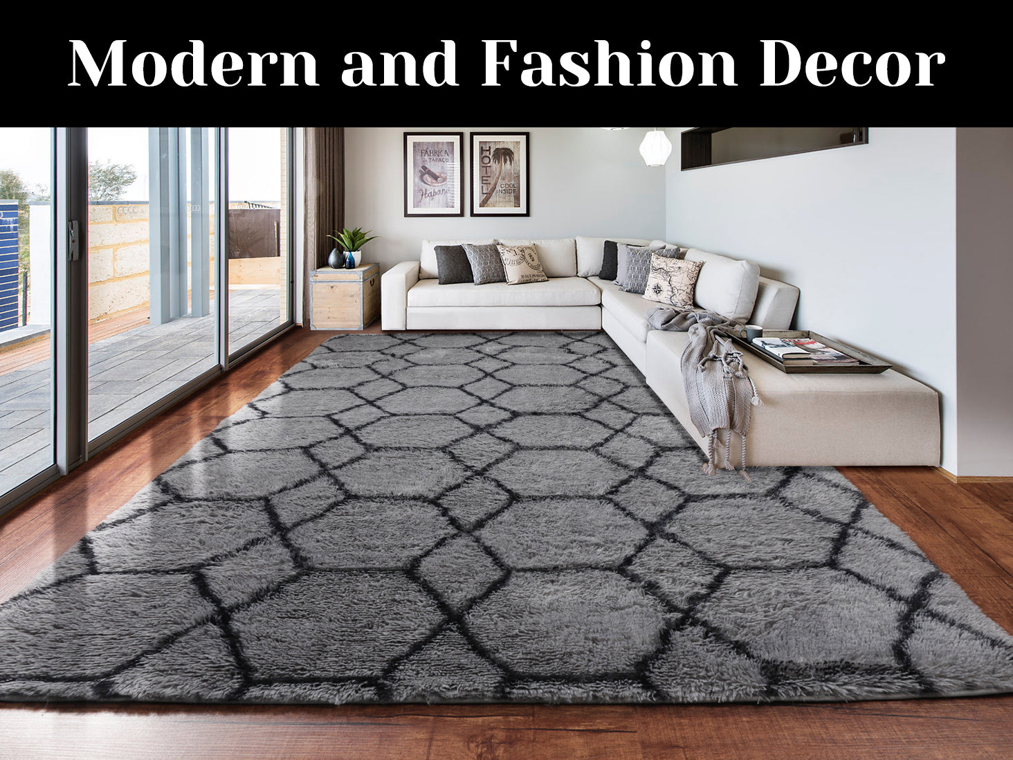 Grey and Black Rug, Large Boho Geometric Area Rugs for Living Room