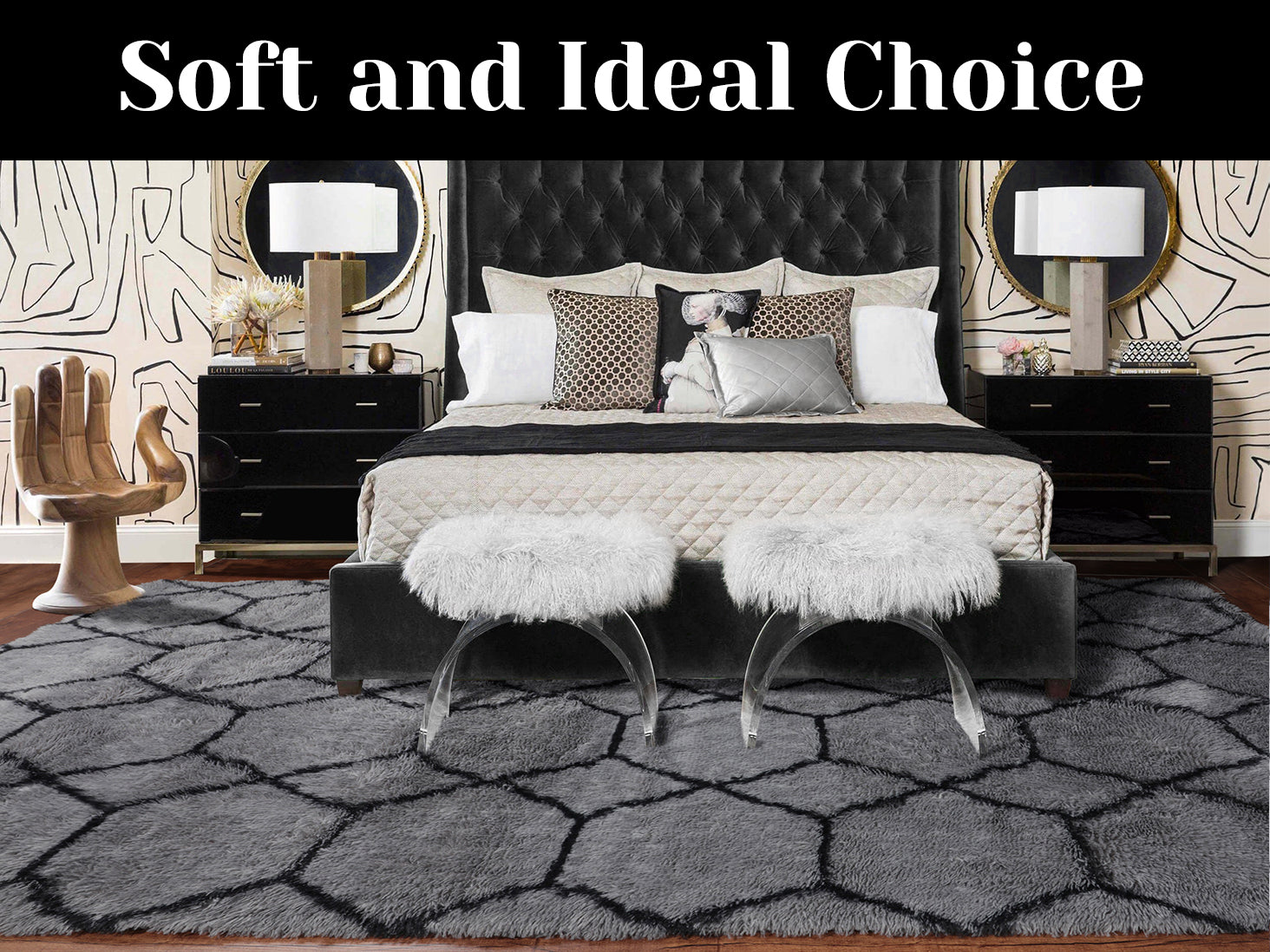 Grey and Black Rug, Large Boho Geometric Area Rugs for Living Room