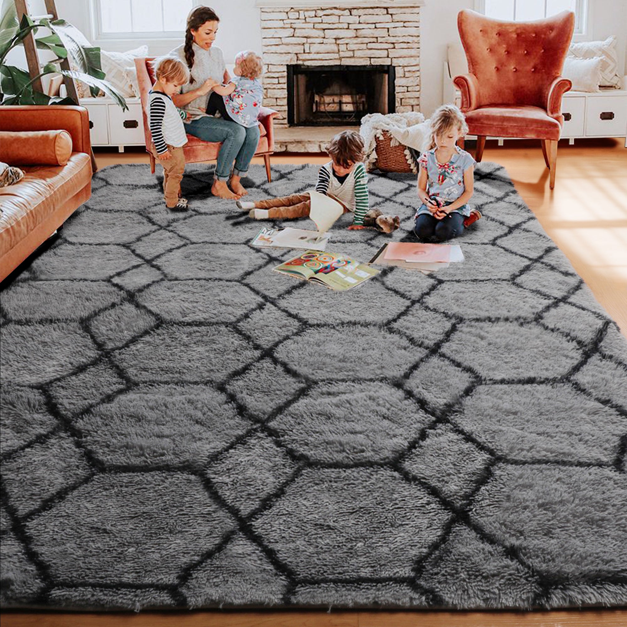 Grey and Black Rug, Large Boho Geometric Area Rugs for Living Room