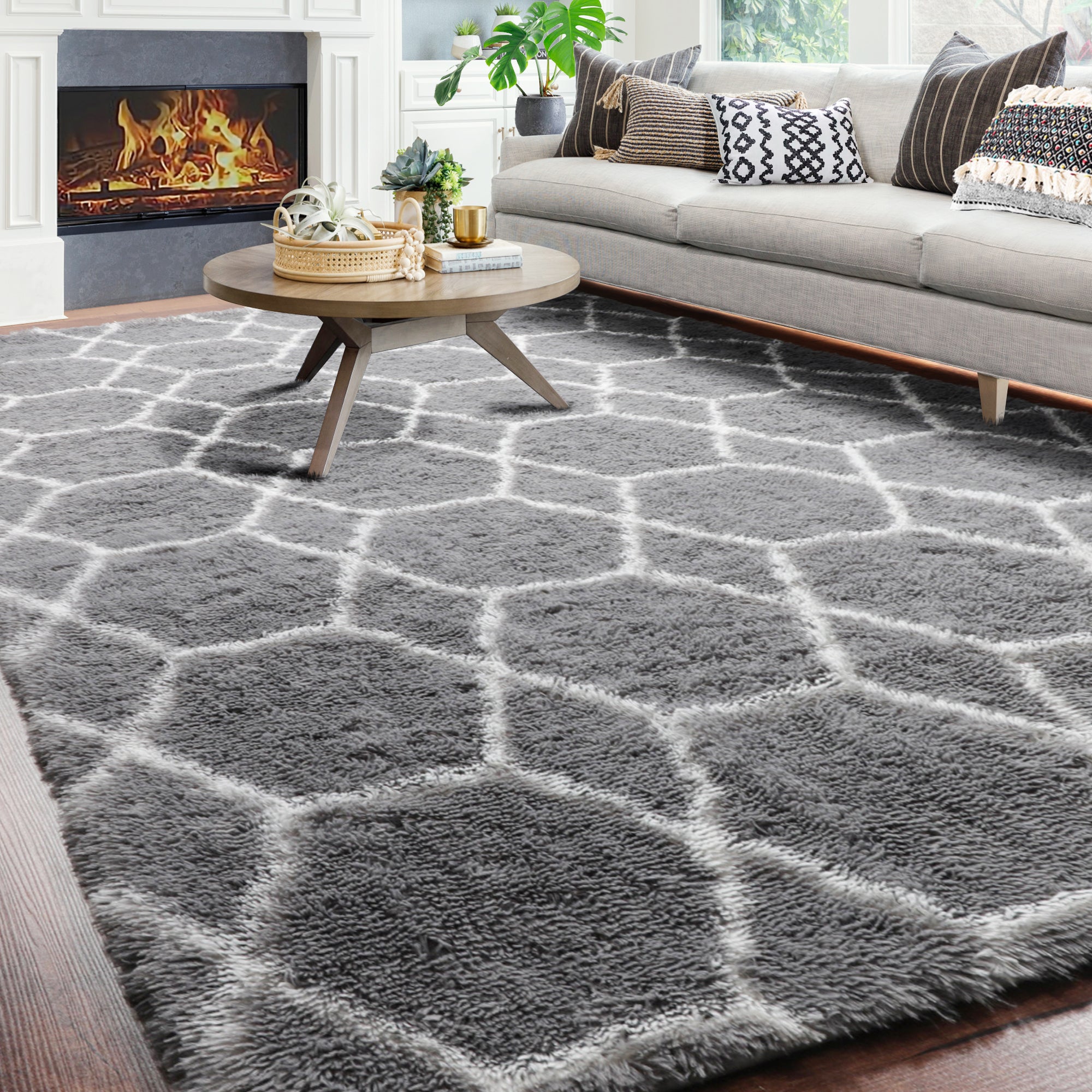Moroccan Area Rug for Bedroom Living Room, Grey and White Rug