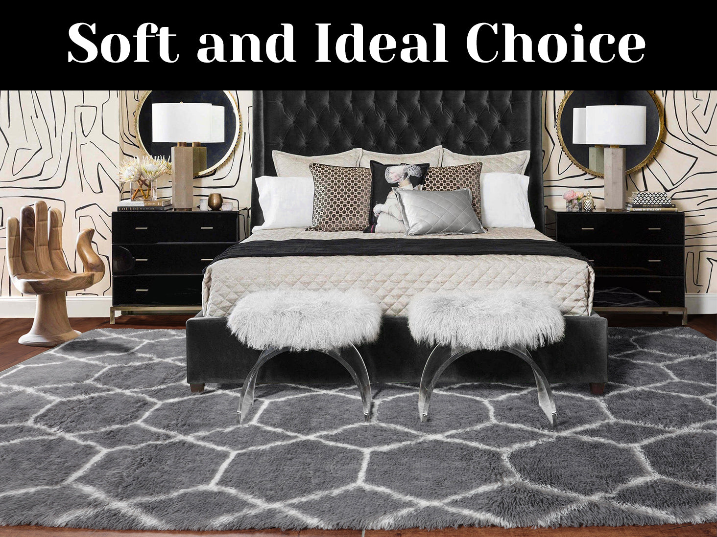 Moroccan Area Rug for Bedroom Living Room, Grey and White Rug