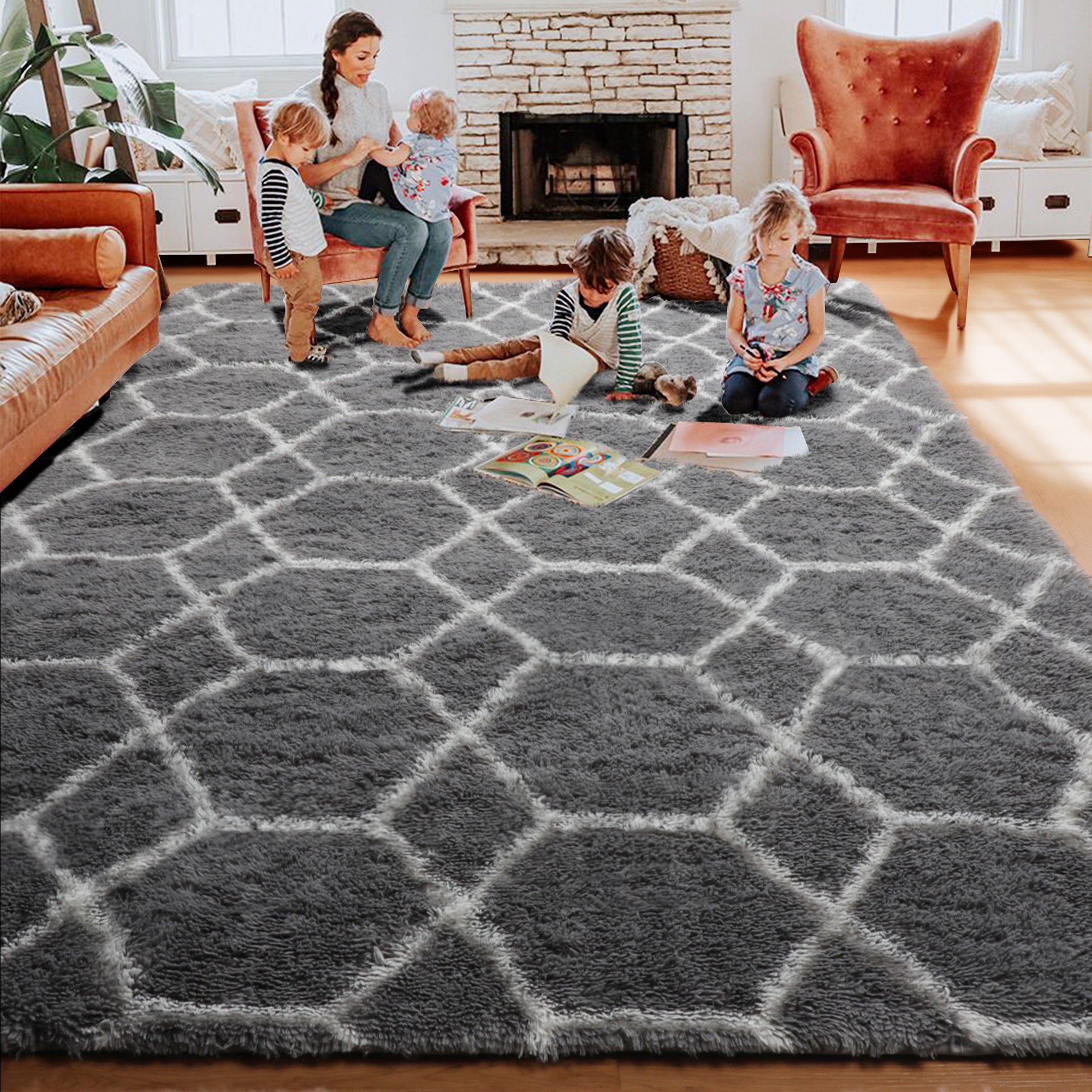Moroccan Area Rug for Bedroom Living Room, Grey and White Rug