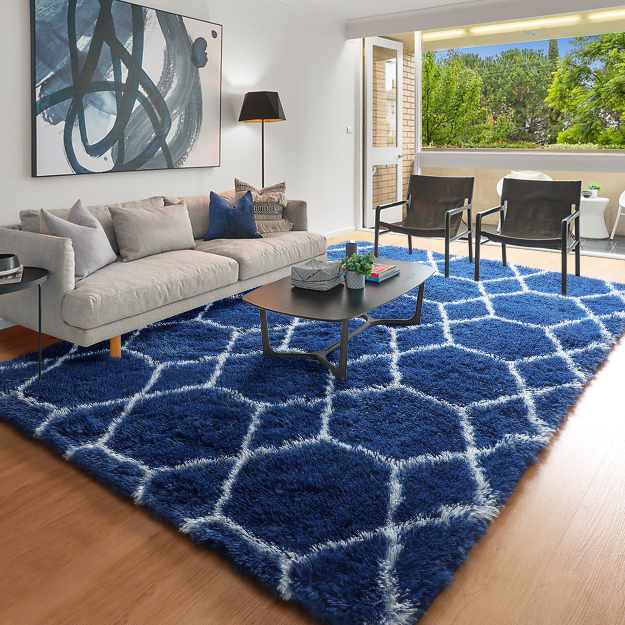 Fluffy Moroccan Navy and White Rugs