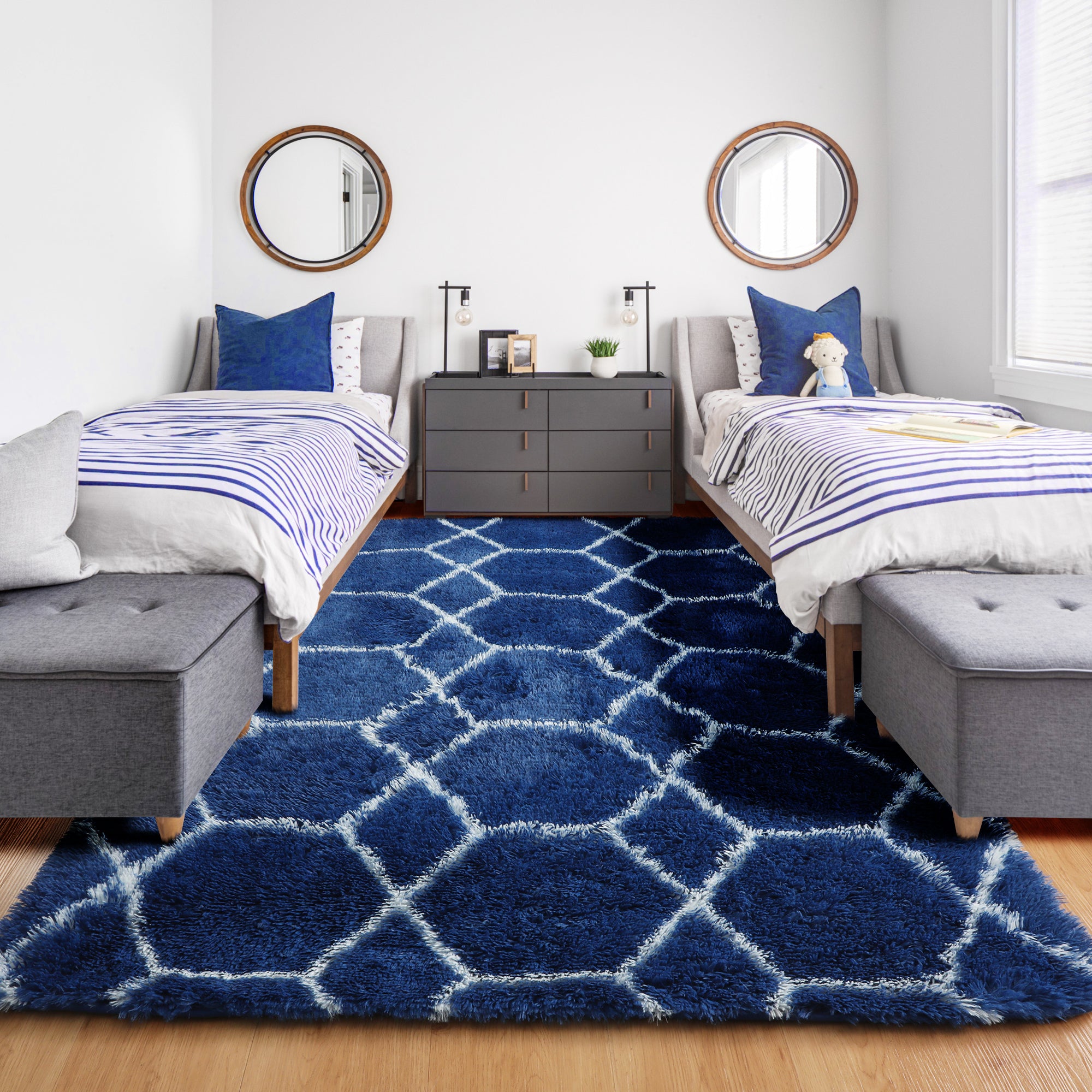 Fluffy Moroccan Navy and White Rugs