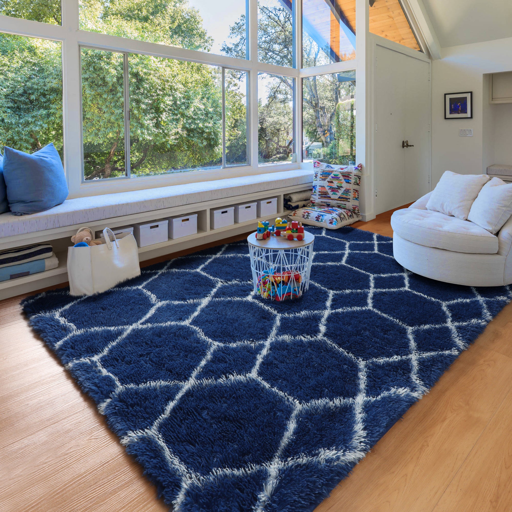 Fluffy Moroccan Navy and White Rugs