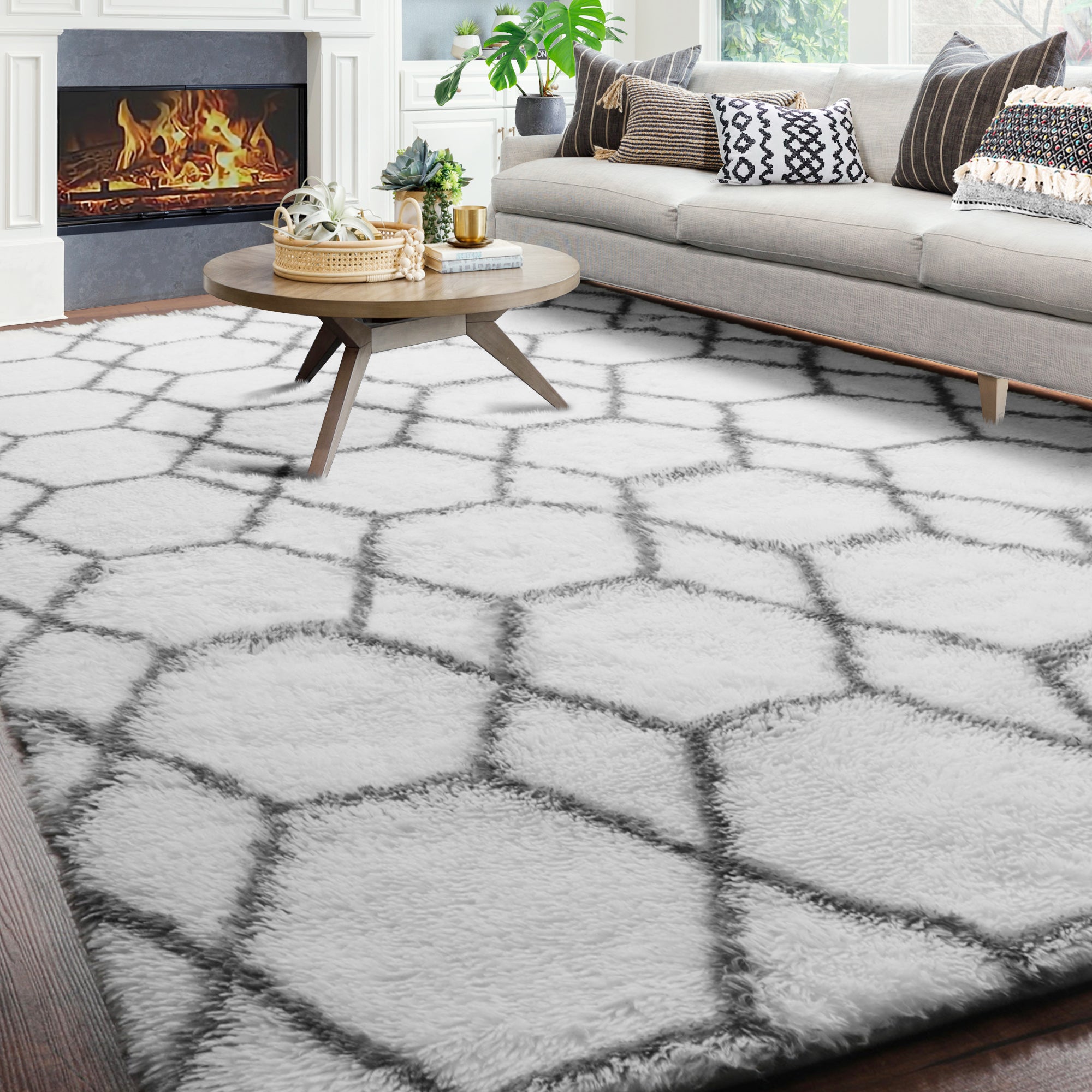 Extra Soft Fuzzy Rug Geometric Area Rug for Bedroom Living Room, White and Grey Rug