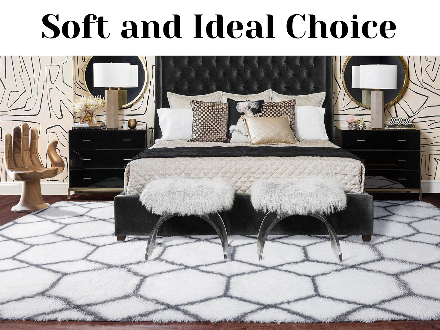 Extra Soft Fuzzy Rug Geometric Area Rug for Bedroom Living Room, White and Grey Rug