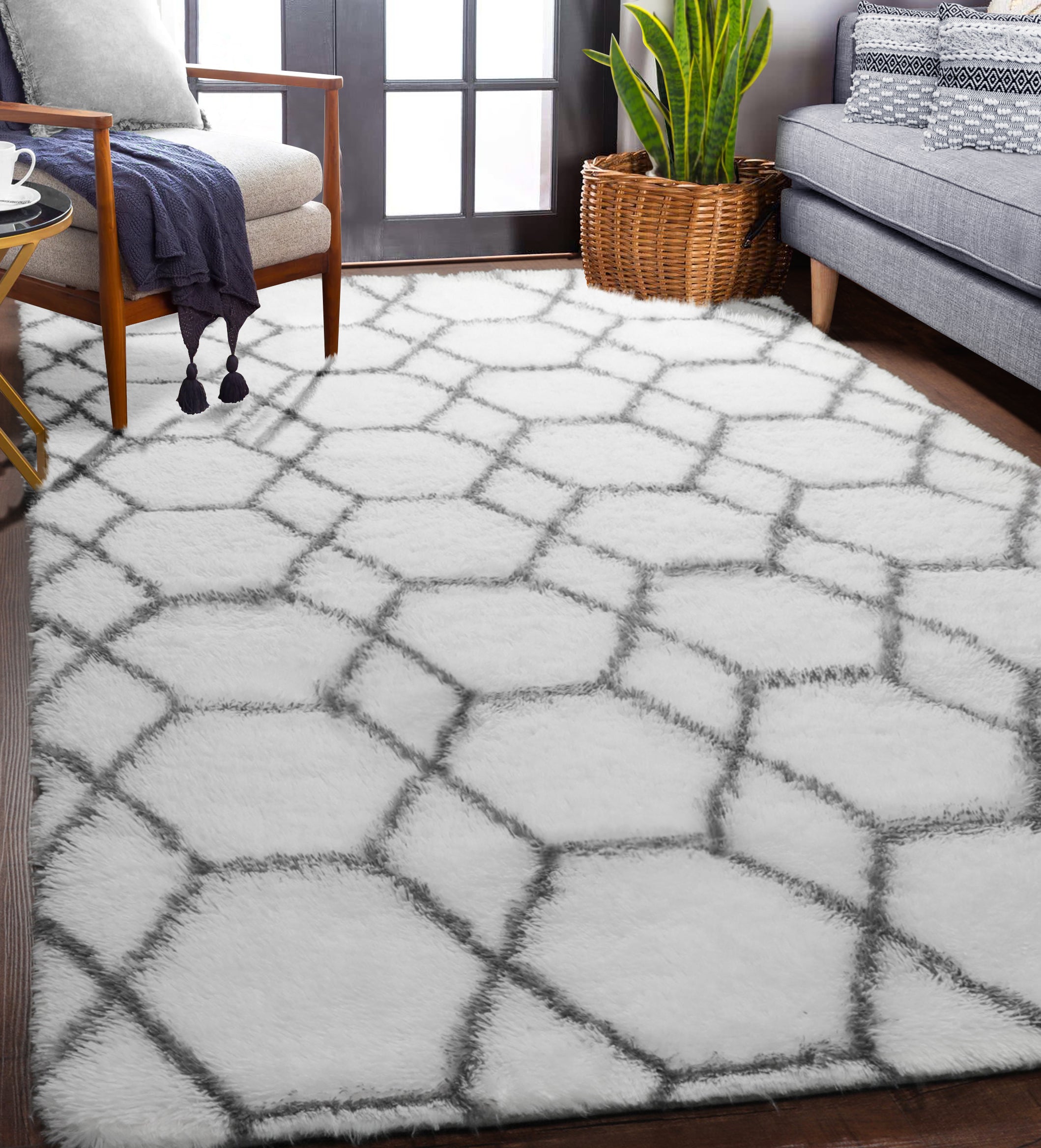 Extra Soft Fuzzy Rug Geometric Area Rug for Bedroom Living Room, White and Grey Rug