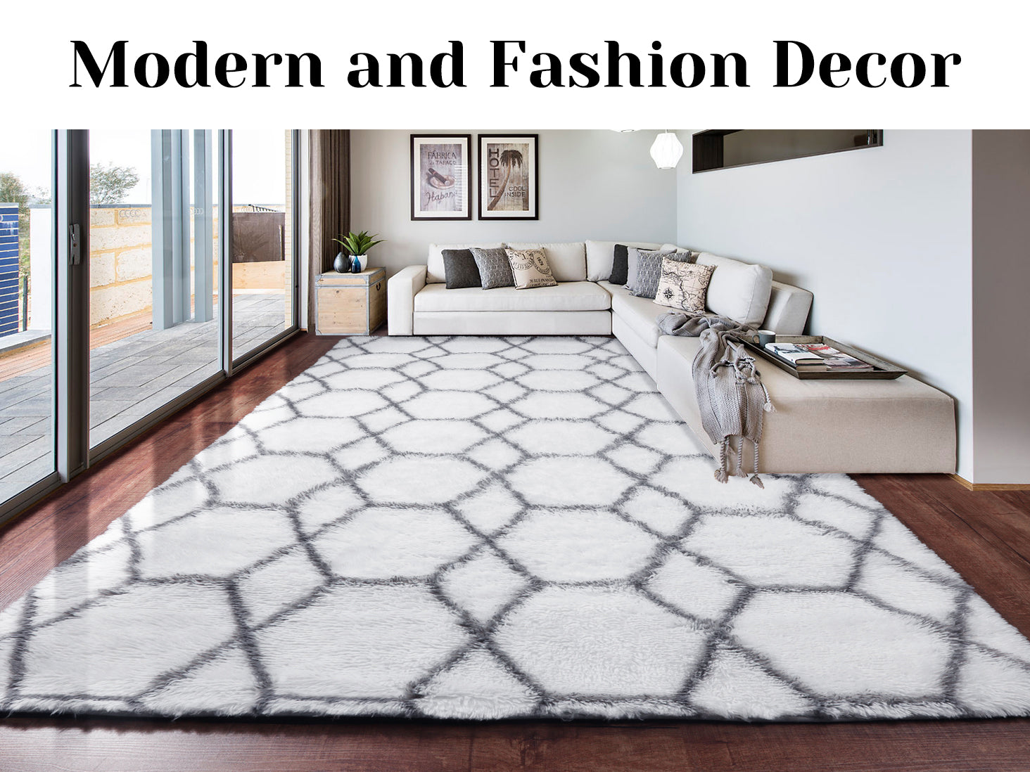 Extra Soft Fuzzy Rug Geometric Area Rug for Bedroom Living Room, White and Grey Rug
