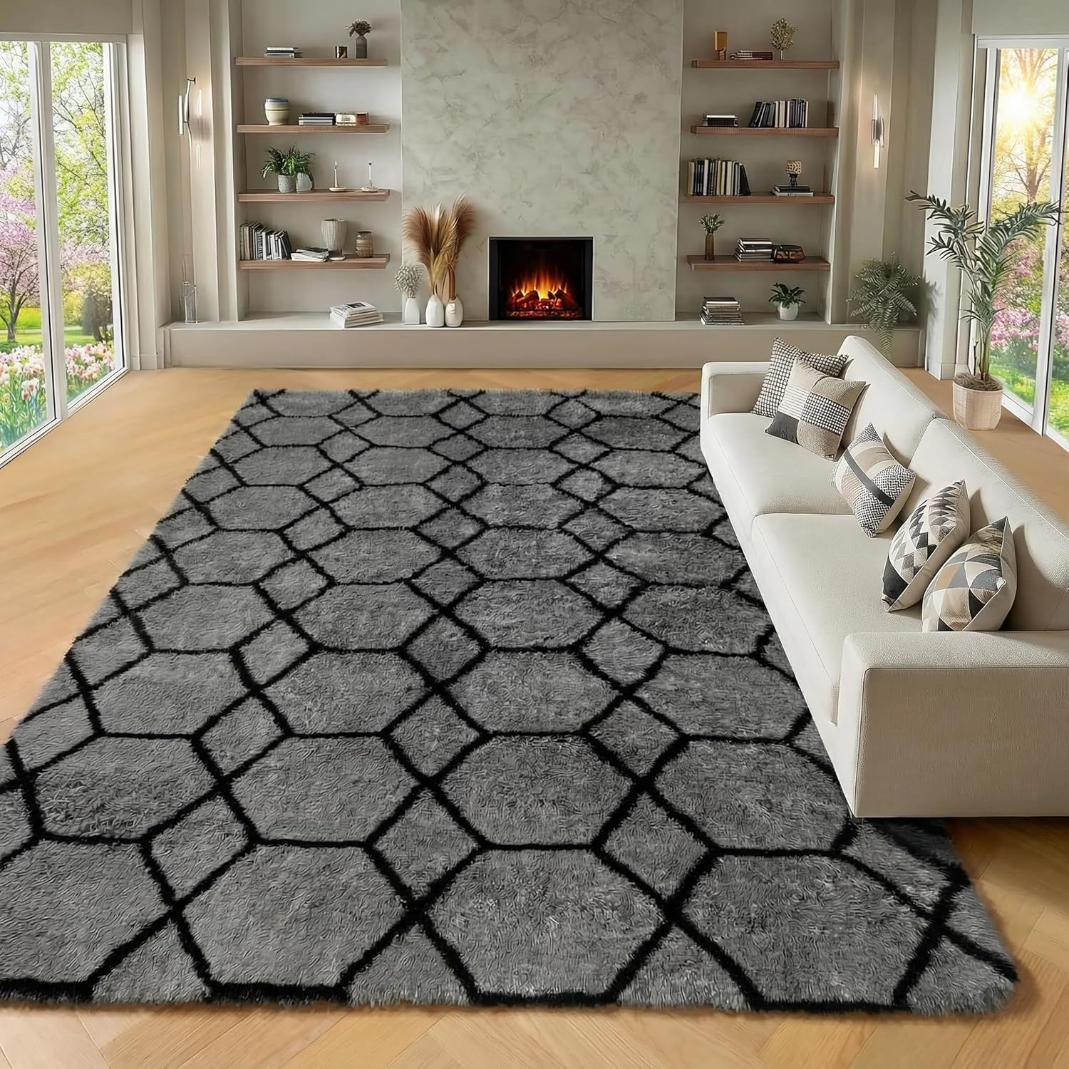 Grey and Black Rug, Large Boho Geometric Area Rugs for Living Room