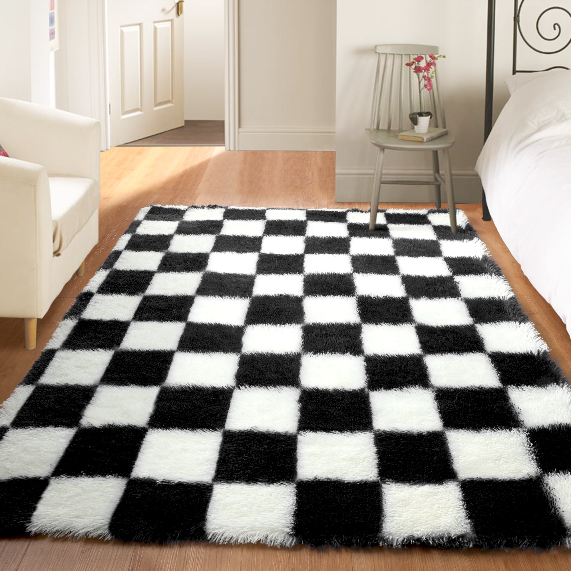 ONASAR Checkered Area Rugs for Bedroom Living Room Fluffy Soft Fuzzy Shag Shaggy Carpet