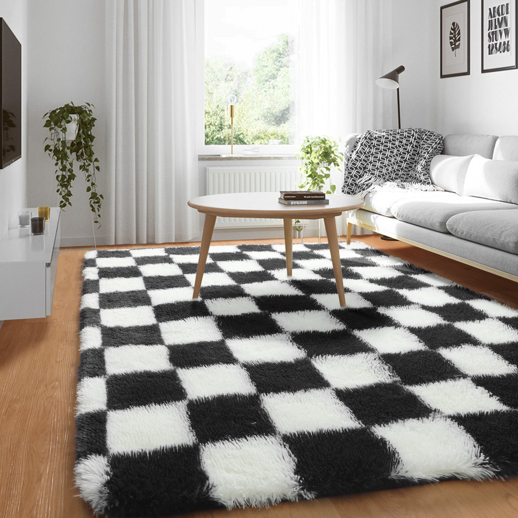 ONASAR Checkered Area Rugs for Bedroom Living Room Fluffy Soft Fuzzy Shag Shaggy Carpet