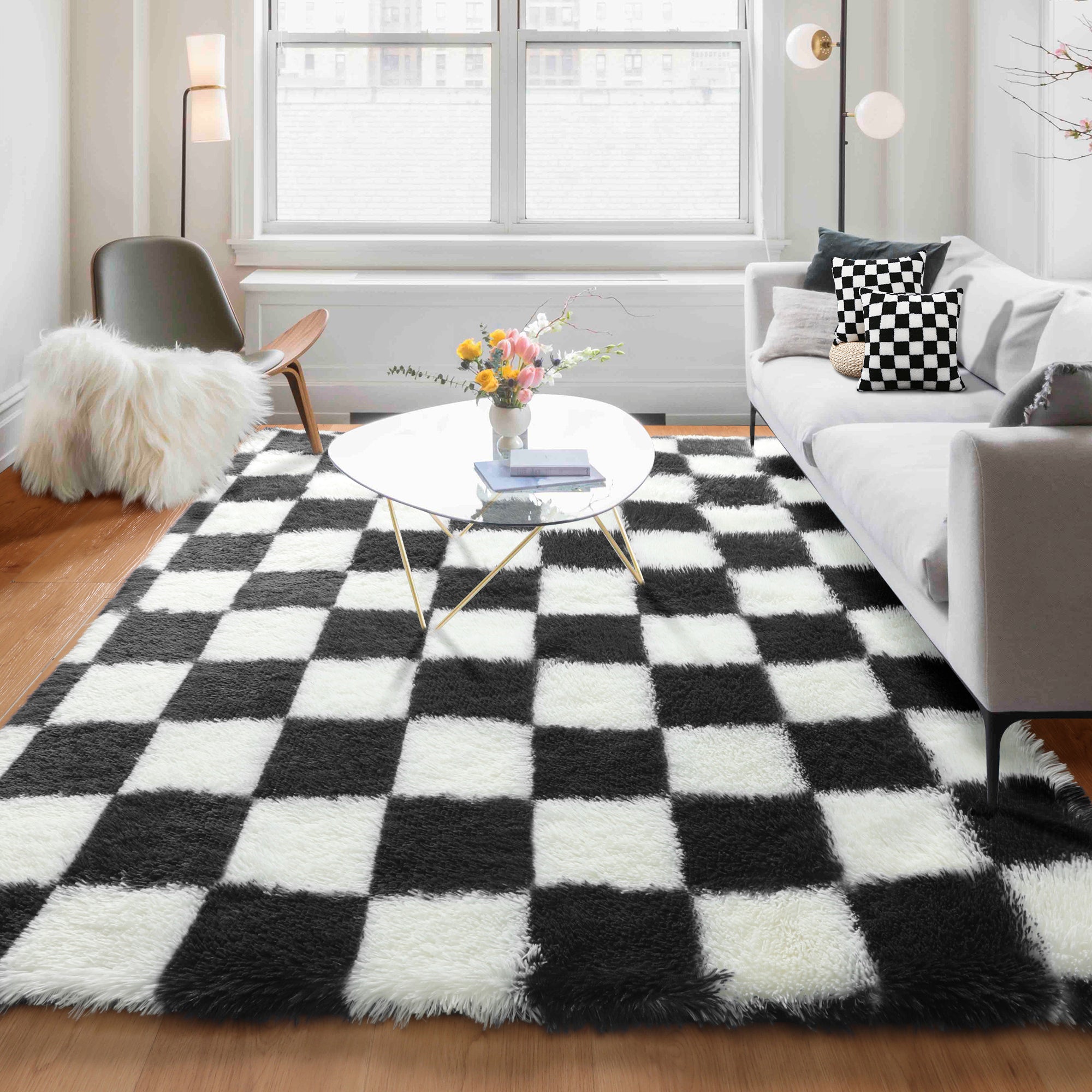 ONASAR Checkered Area Rugs for Bedroom Living Room Fluffy Soft Fuzzy Shag Shaggy Carpet