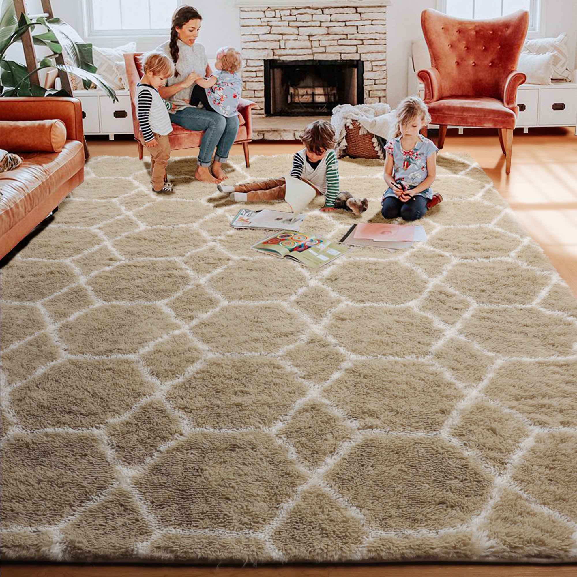 Beige and White Rug, Large Boho Geometric Area Rugs for Living Room, Shaggy Moroccan Floor Rug
