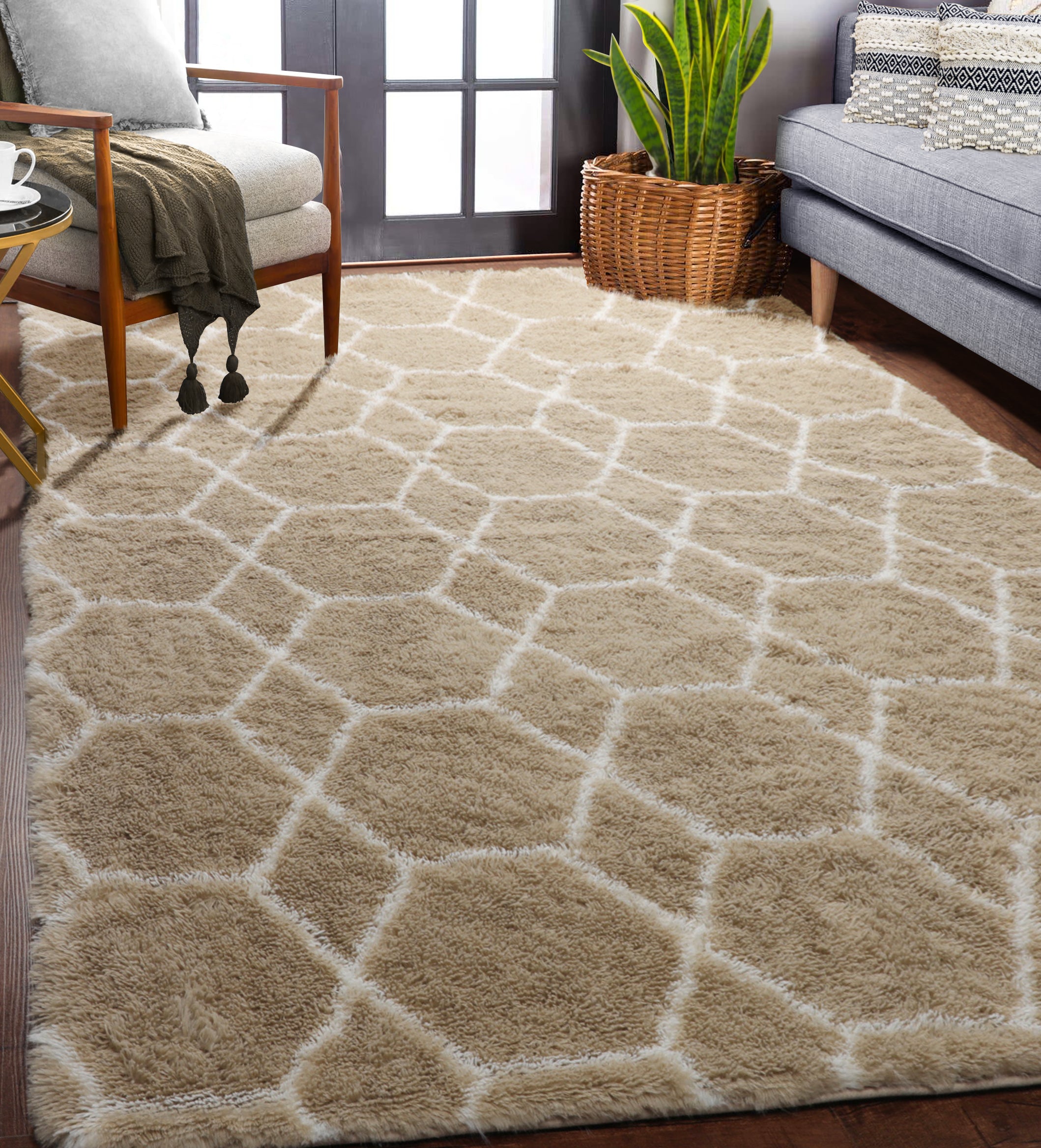 Beige and White Rug, Large Boho Geometric Area Rugs for Living Room, Shaggy Moroccan Floor Rug