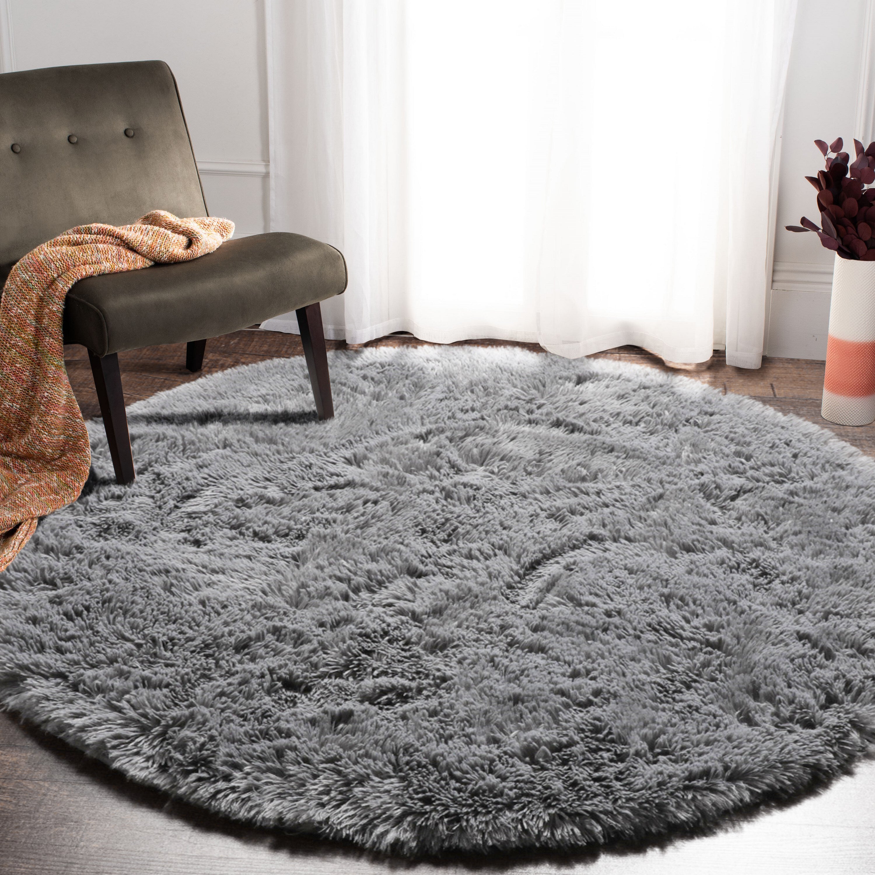 for Kids RoomSoft Plush Gray Round Area Rug