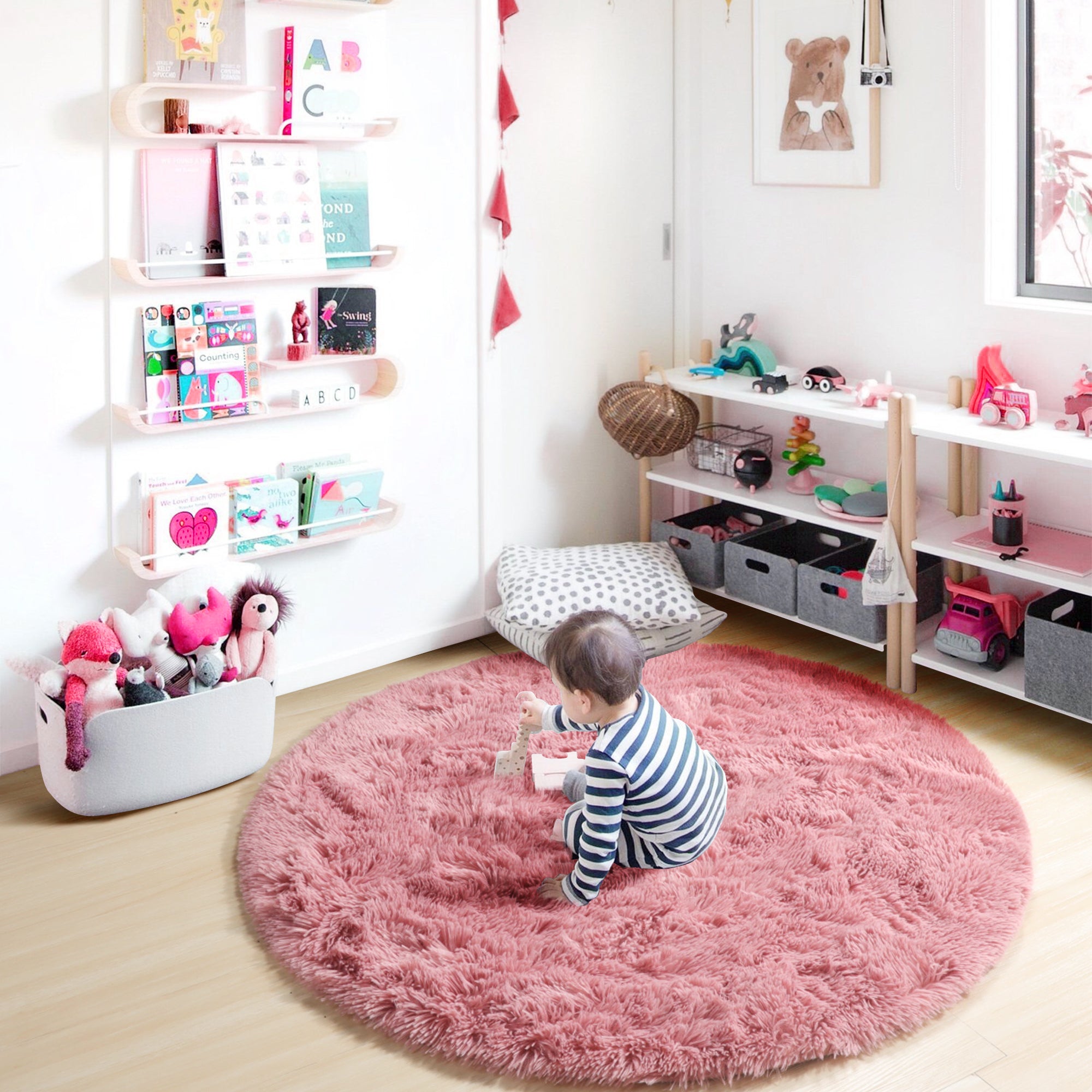 Modern Non-Slip Blush Pink Round rug for Kids Girls Teen Room