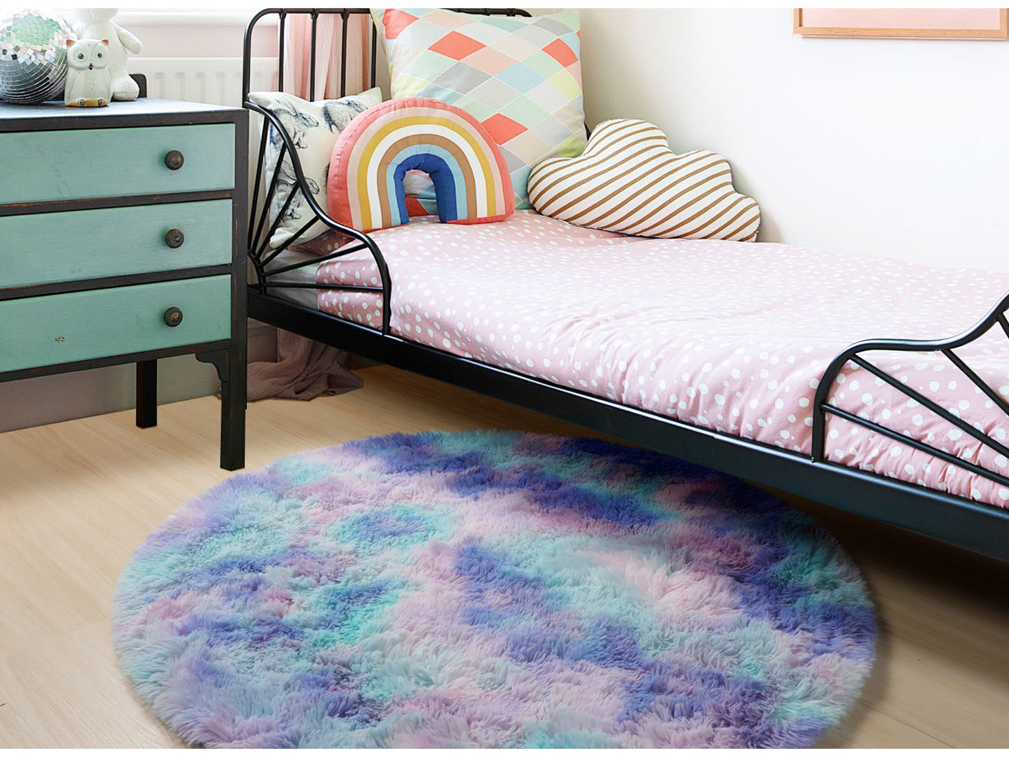 Girls Bedroom Plush Rainbow Moder Round Area Rug