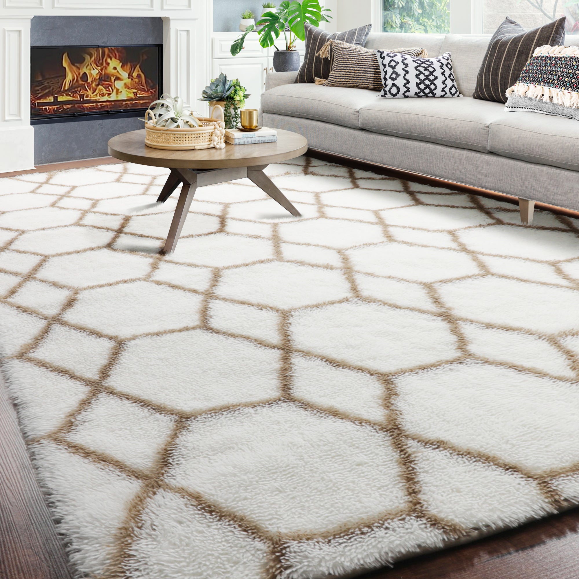 Cute Boho Area Rug for Living Room Aesthetic, White and Beige Rug, Moroccan Shag Fluffy Rug