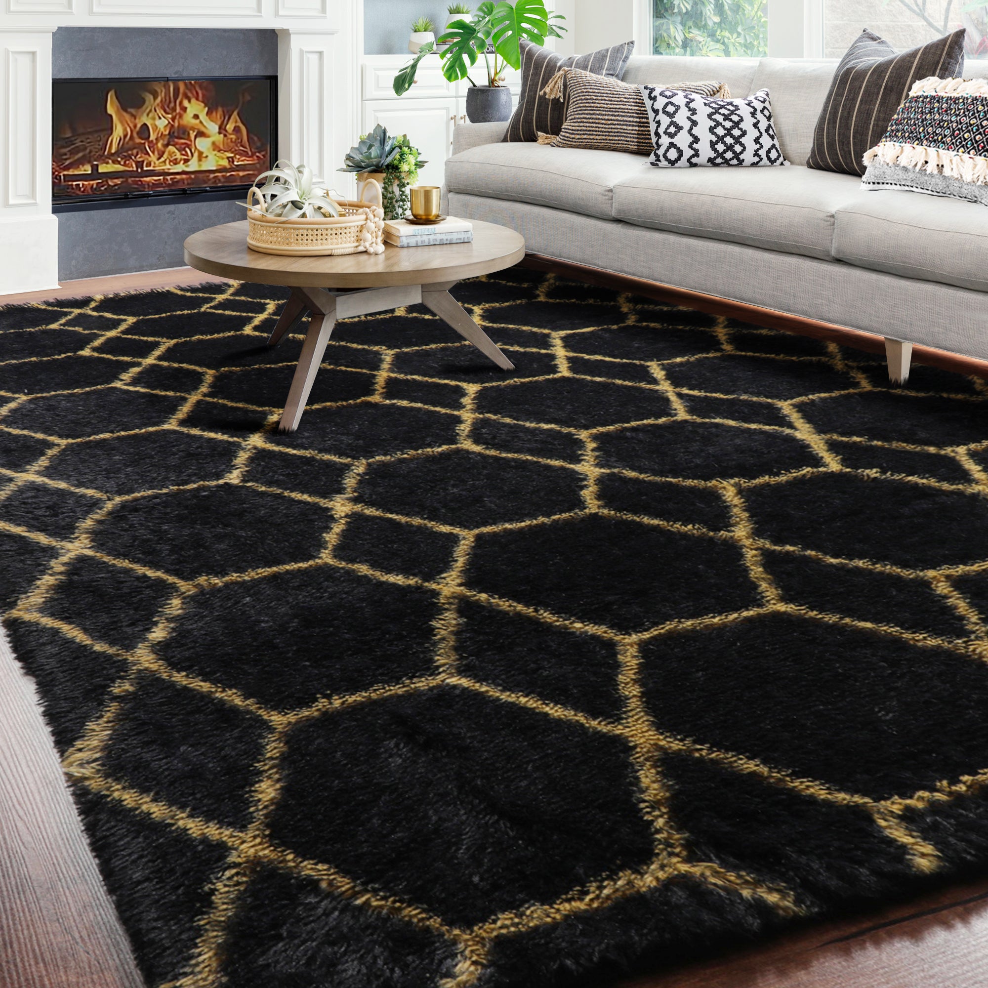 Geometric Fluffy Area Rug for Living Room Bedroom, Black and Gold Rug