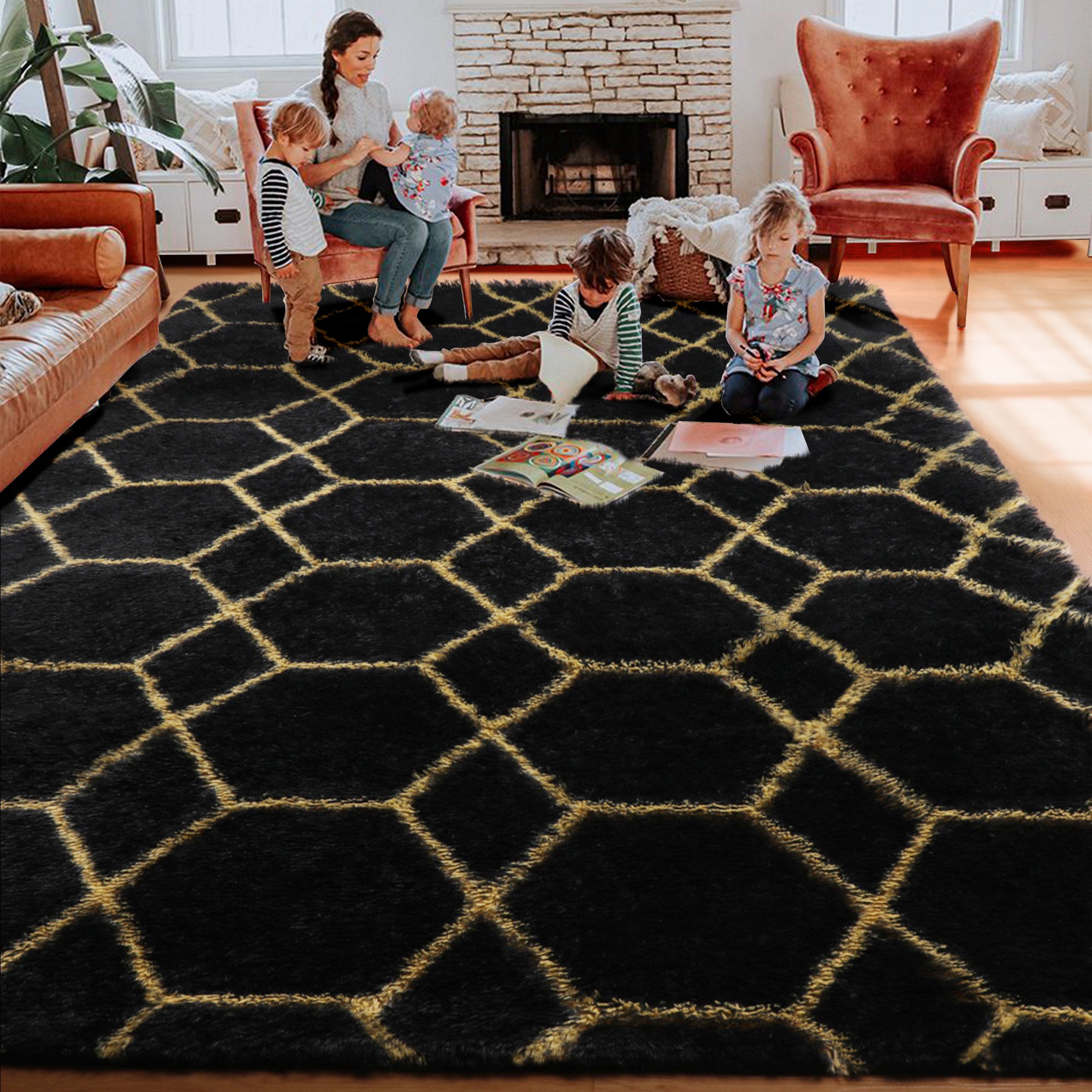 Geometric Fluffy Area Rug for Living Room Bedroom, Black and Gold Rug