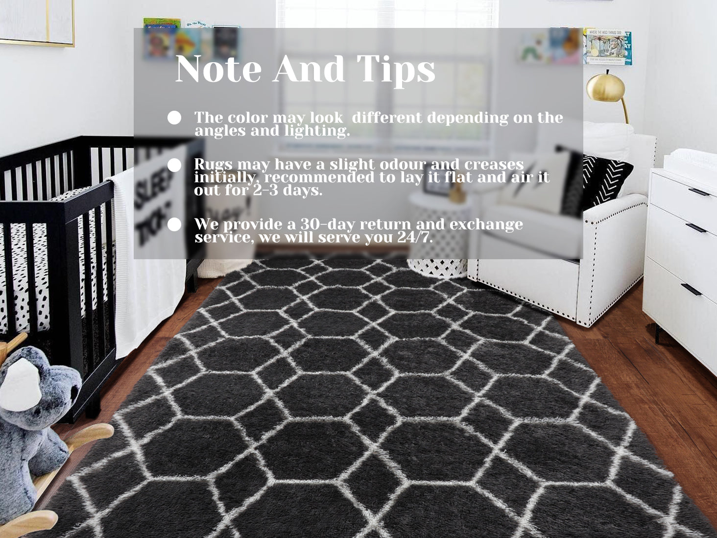Large Modern Shag Rug for Living Room, Geometric Floor Rug, Dark Grey and White Rug
