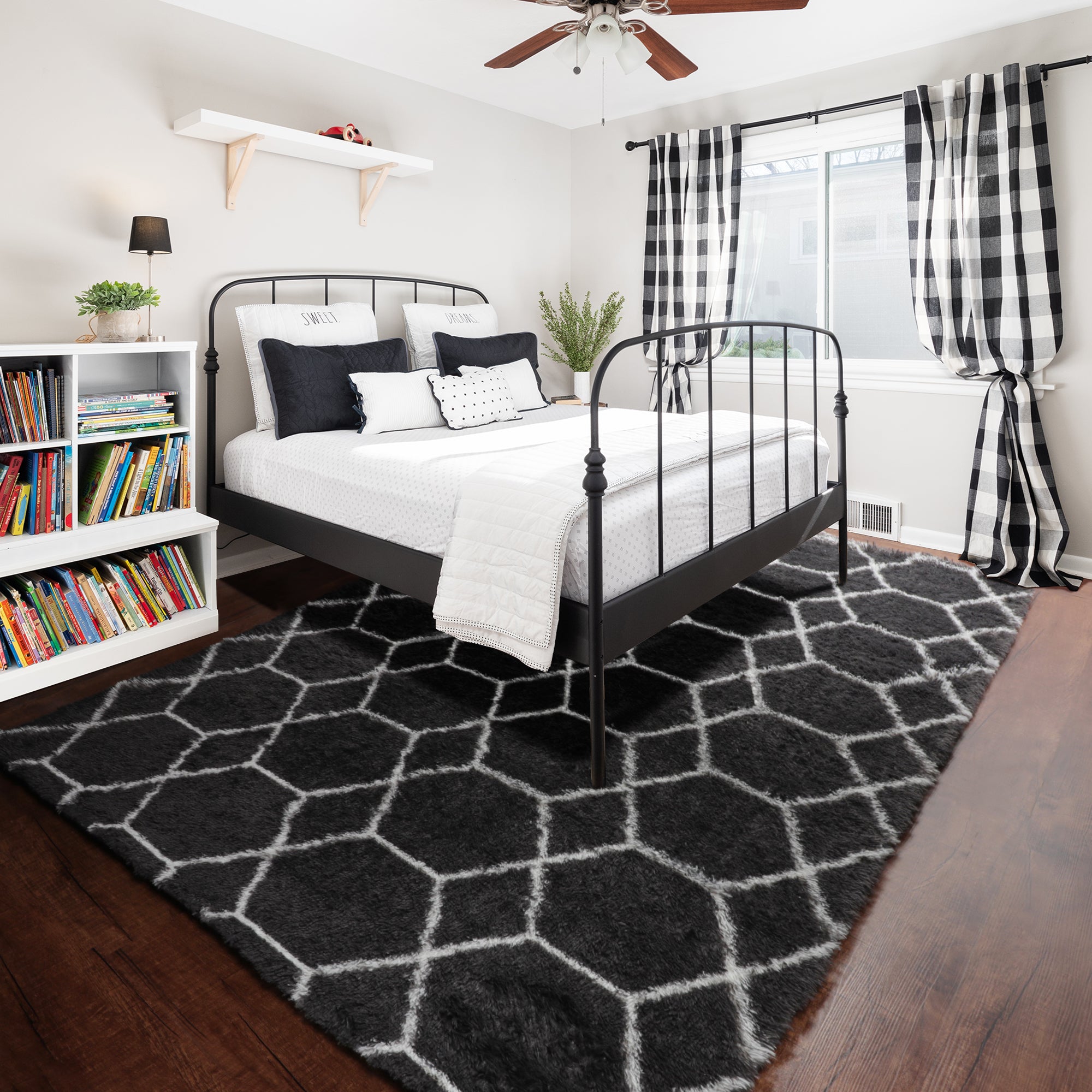 Large Modern Shag Rug for Living Room, Geometric Floor Rug, Dark Grey and White Rug