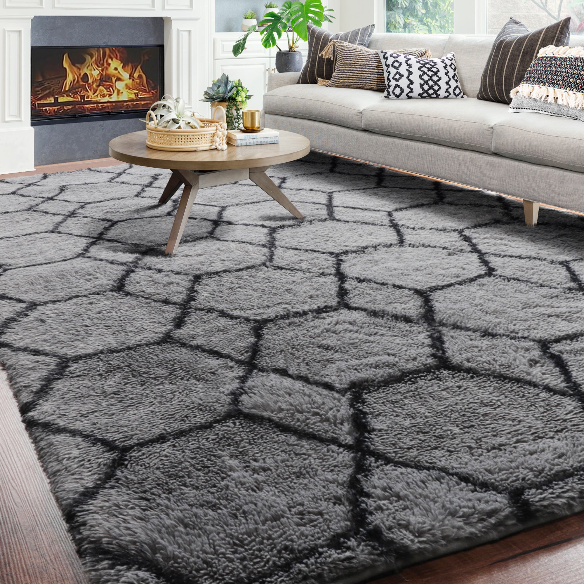 Grey and Black Rug, Large Boho Geometric Area Rugs for Living Room