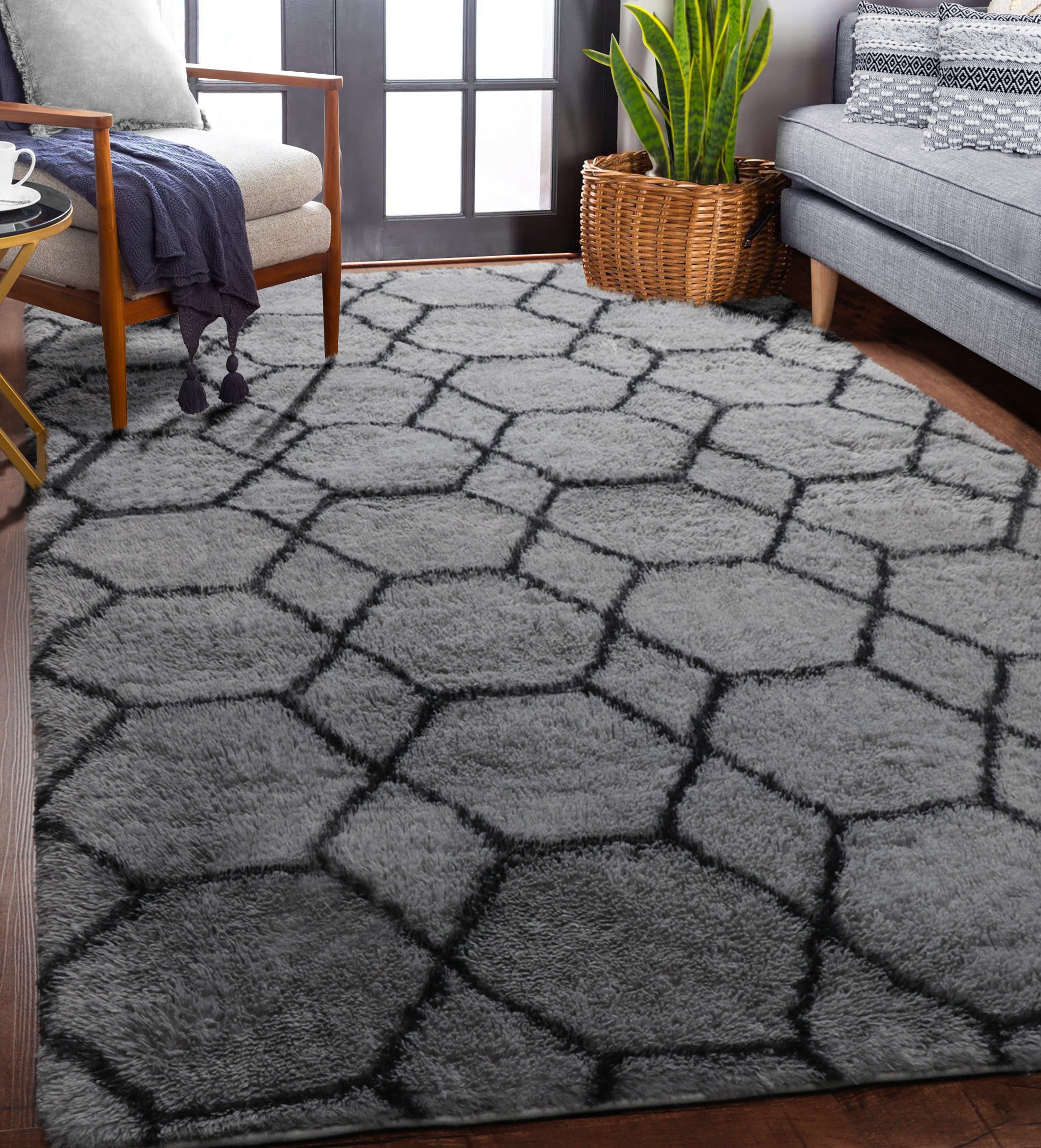 Grey and Black Rug, Large Boho Geometric Area Rugs for Living Room