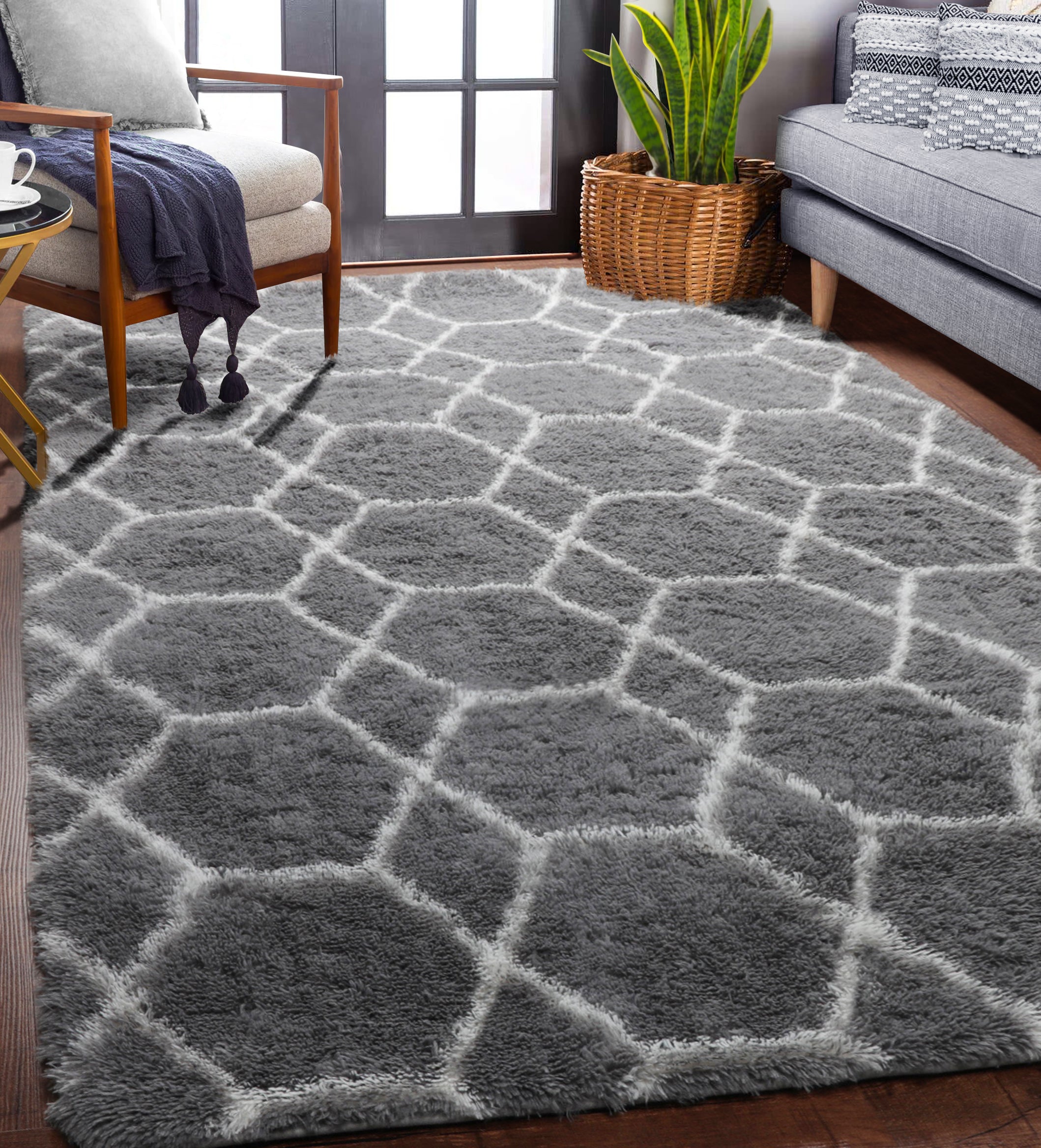 Moroccan Area Rug for Bedroom Living Room, Grey and White Rug